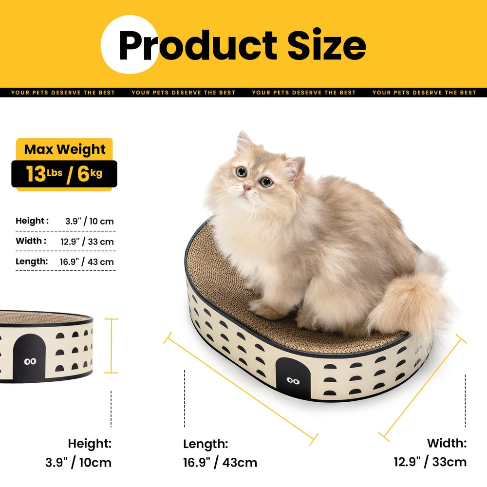 Conlun Oval Cat Scratcher Bed in living room, fits corners and protects furniture.