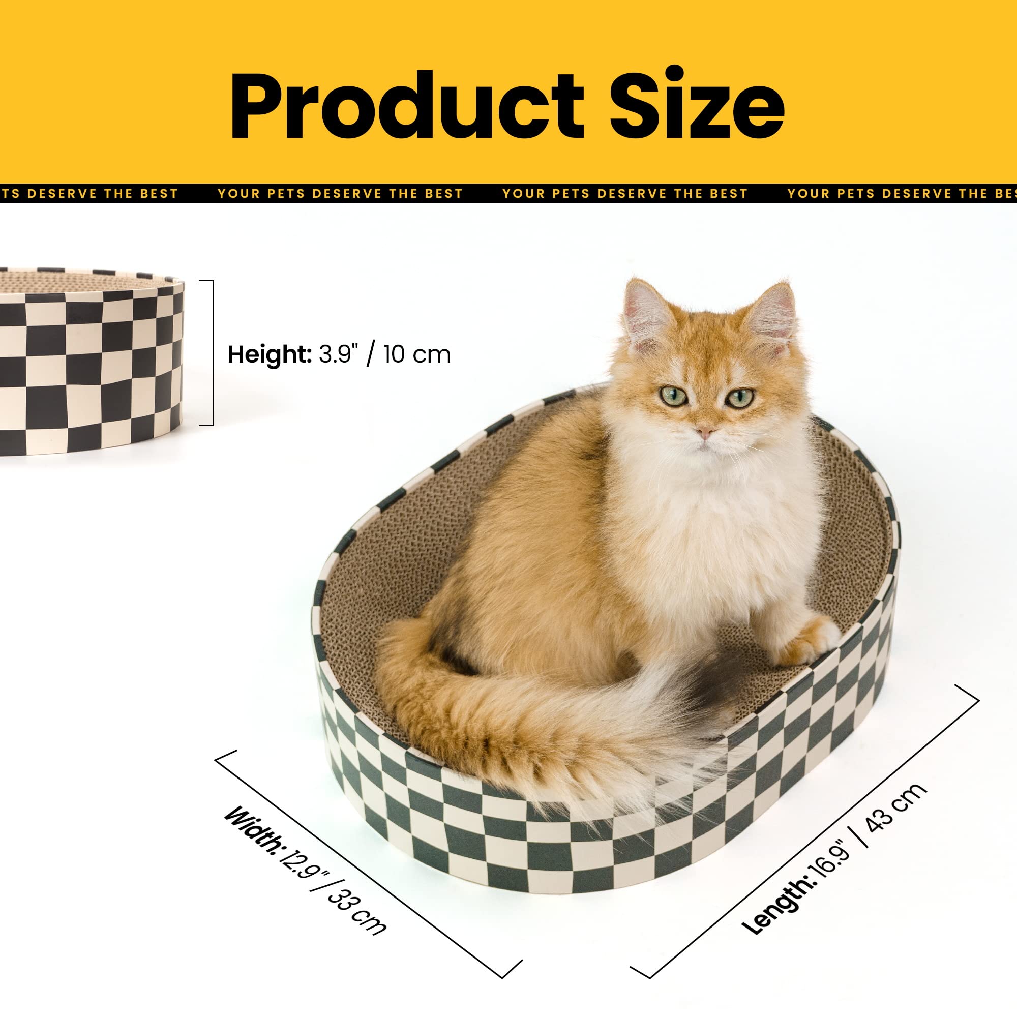 Conlun scratcher size measures 16.9 by 12.9 by 3.9 inches for indoor spaces.