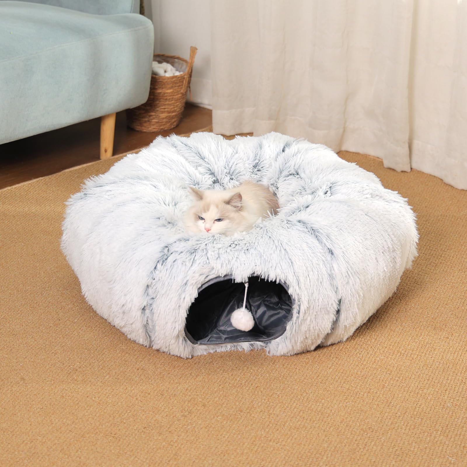 COODIA cat tunnel entrance closeup showing cozy plush texture for playful exploration.