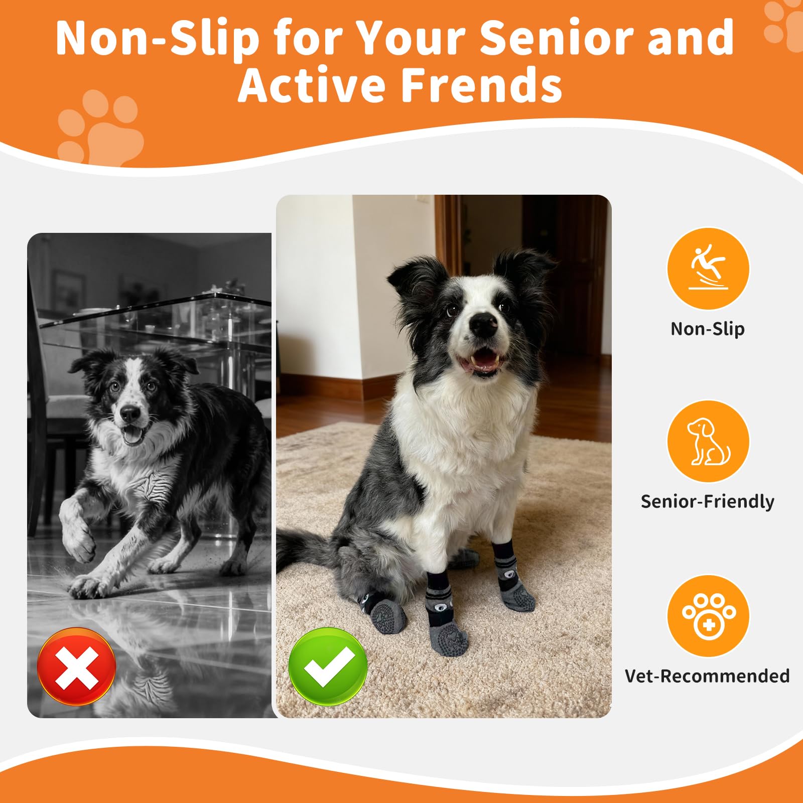 COOHAMS dog socks on wood floor demonstrate anti-slip traction