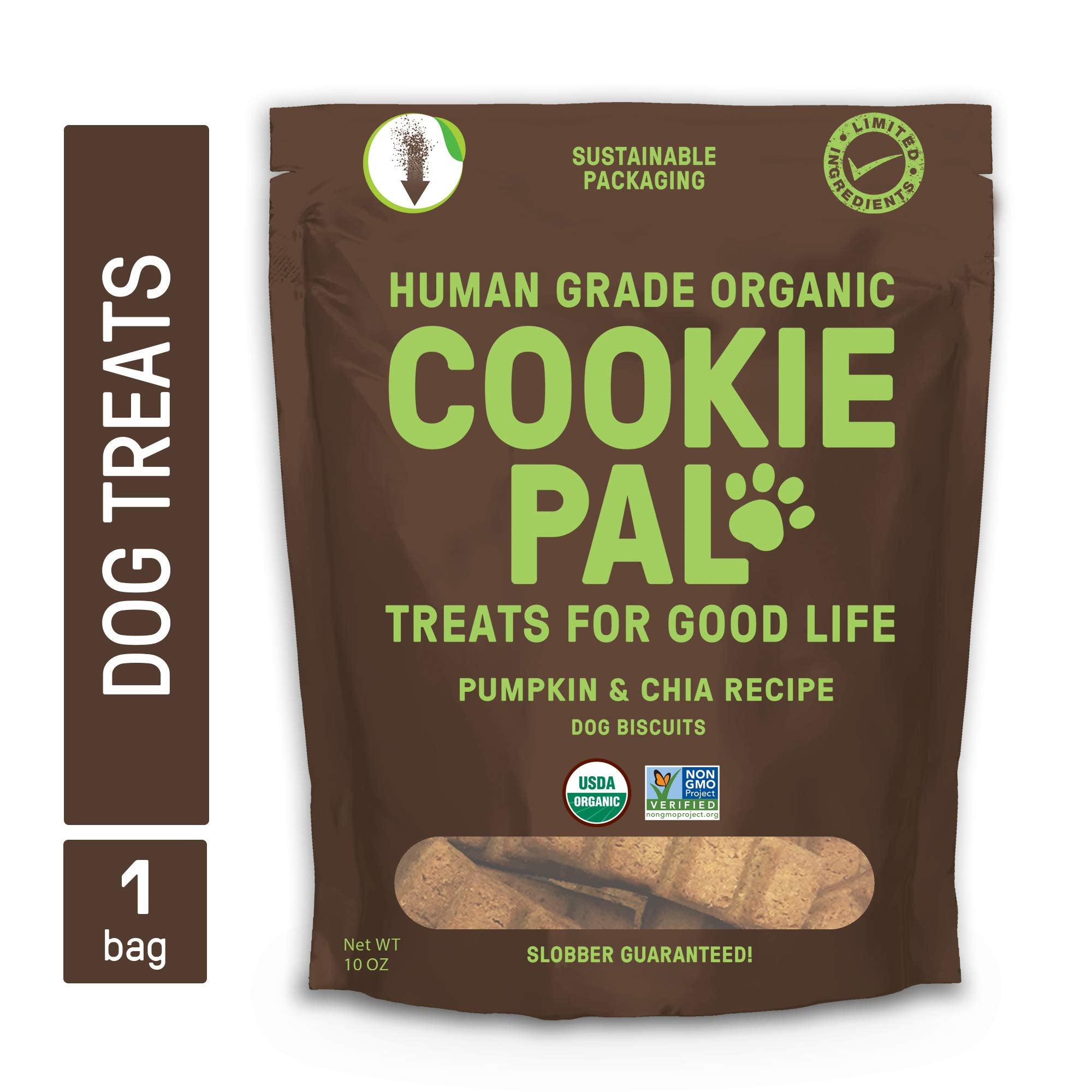 CookiePal pumpkin chia dog treats on display highlight organic, simple ingredients for dogs.