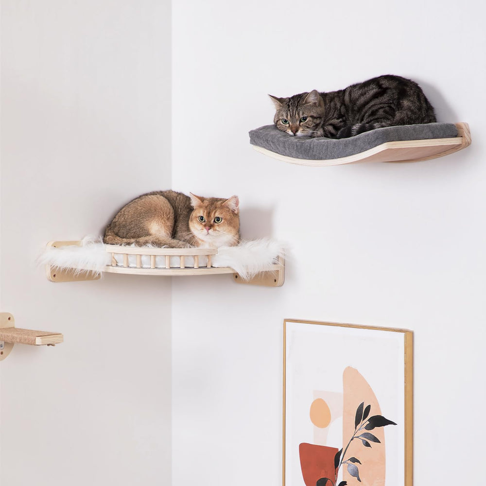 COOLEX curved cat shelf cushions show removable covers for easy cleaning.