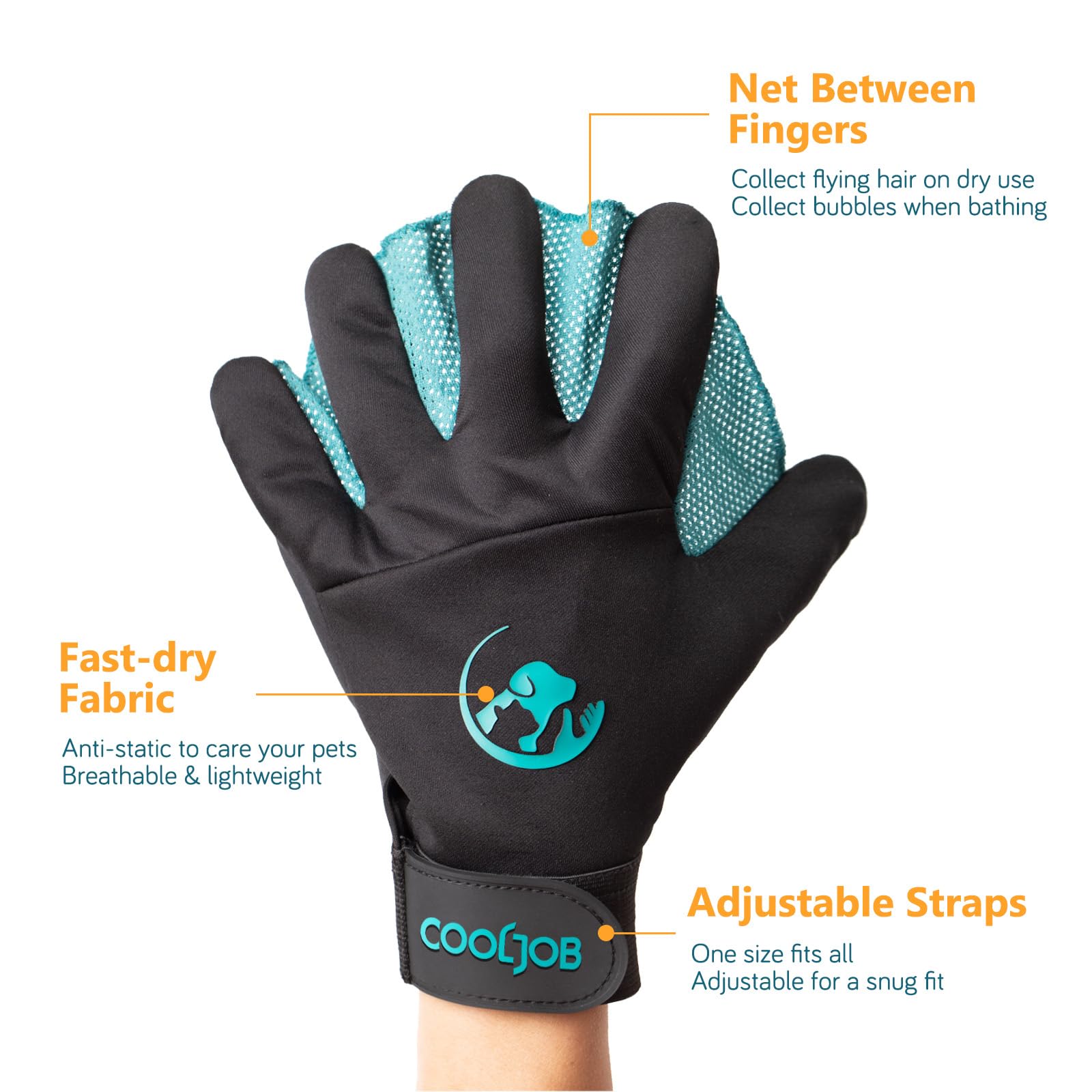 COOLJOB Patented Pet Grooming Gloves close-up on 3D rubber tips for deep dirt removal.