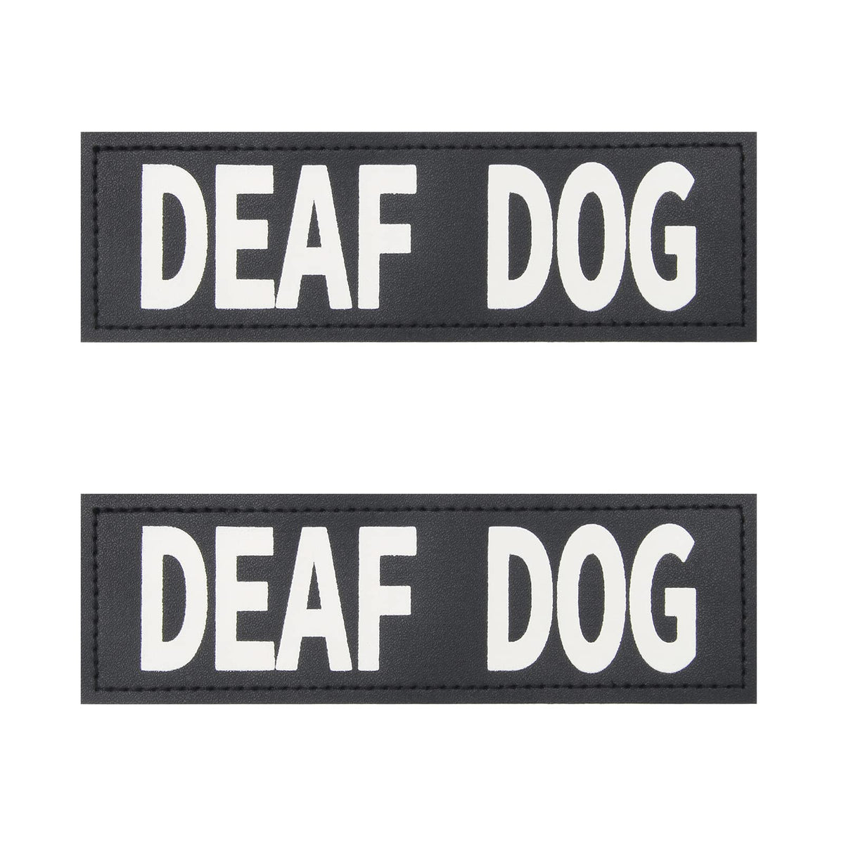 Coolrunner deaf dog patches on harness clearly show a no-pet cue for safer walks