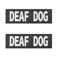 Coolrunner deaf dog patches on harness clearly show a no-pet cue for safer walks