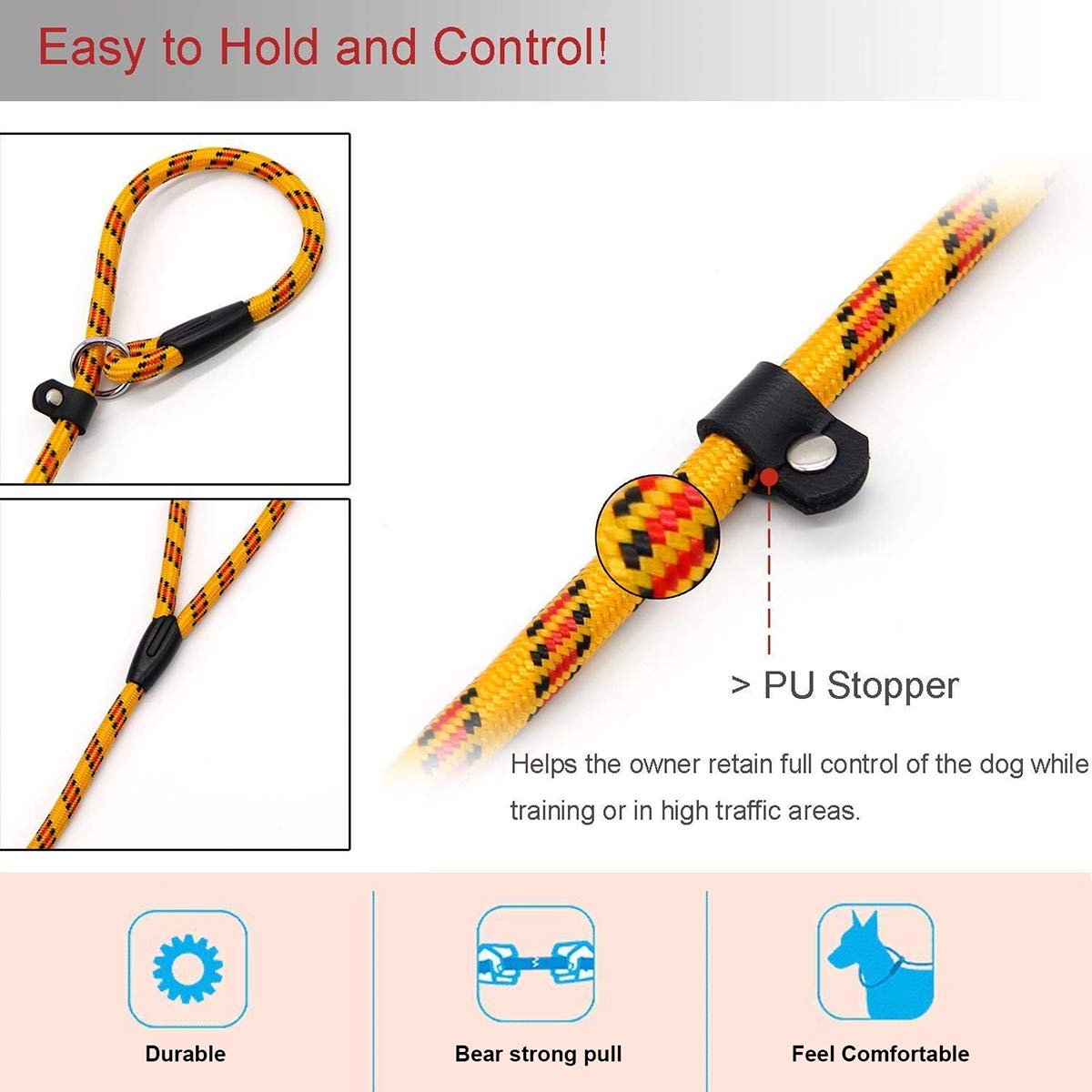 Coolrunner nylon rope leash in yellow on a walking dog for high visibility.