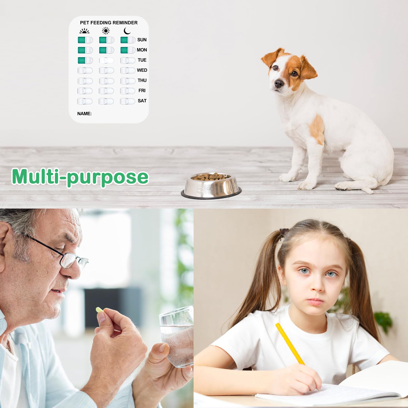 Coolrunner Pet Feeding Reminder packaging content showcases magnets, tapes, and reminder label.