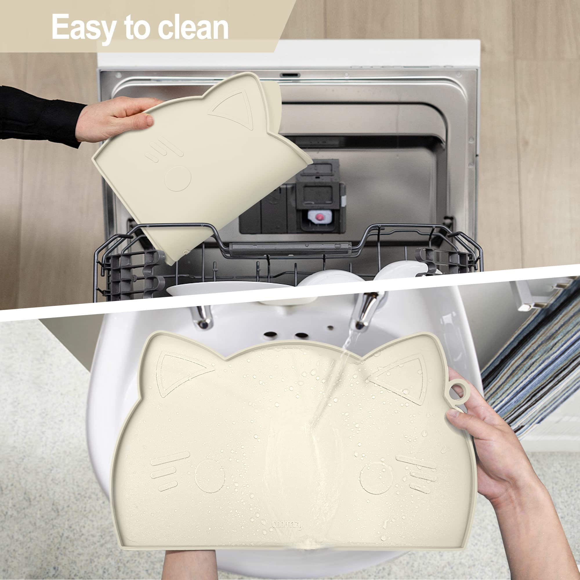 Coomazy feeding mat with bowls on top promotes tidy mealtime.