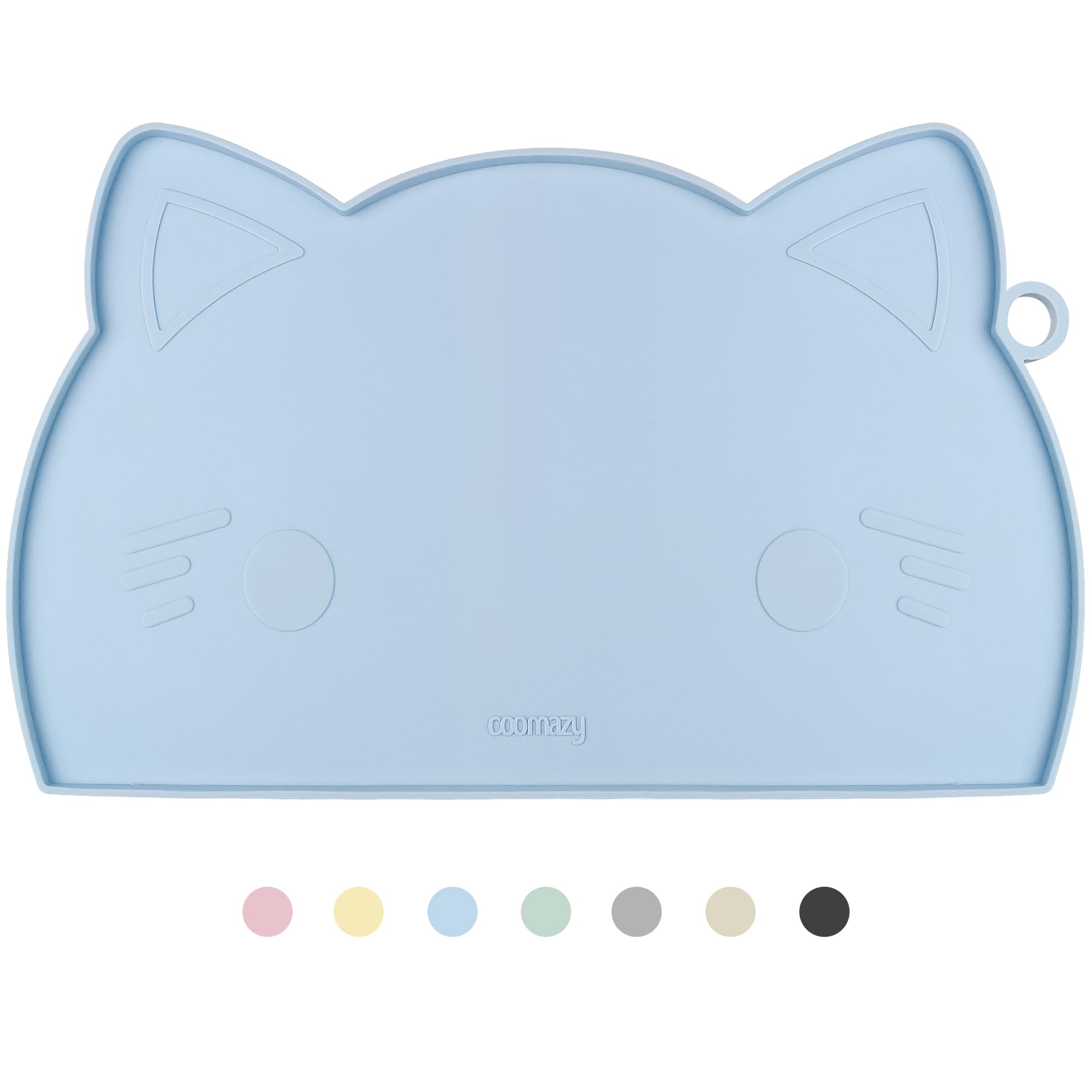 Coomazy Cat Food Mat full view shows durable silicone and raised edge.