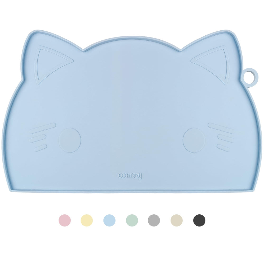 Coomazy Cat Food Mat full view shows durable silicone and raised edge.
