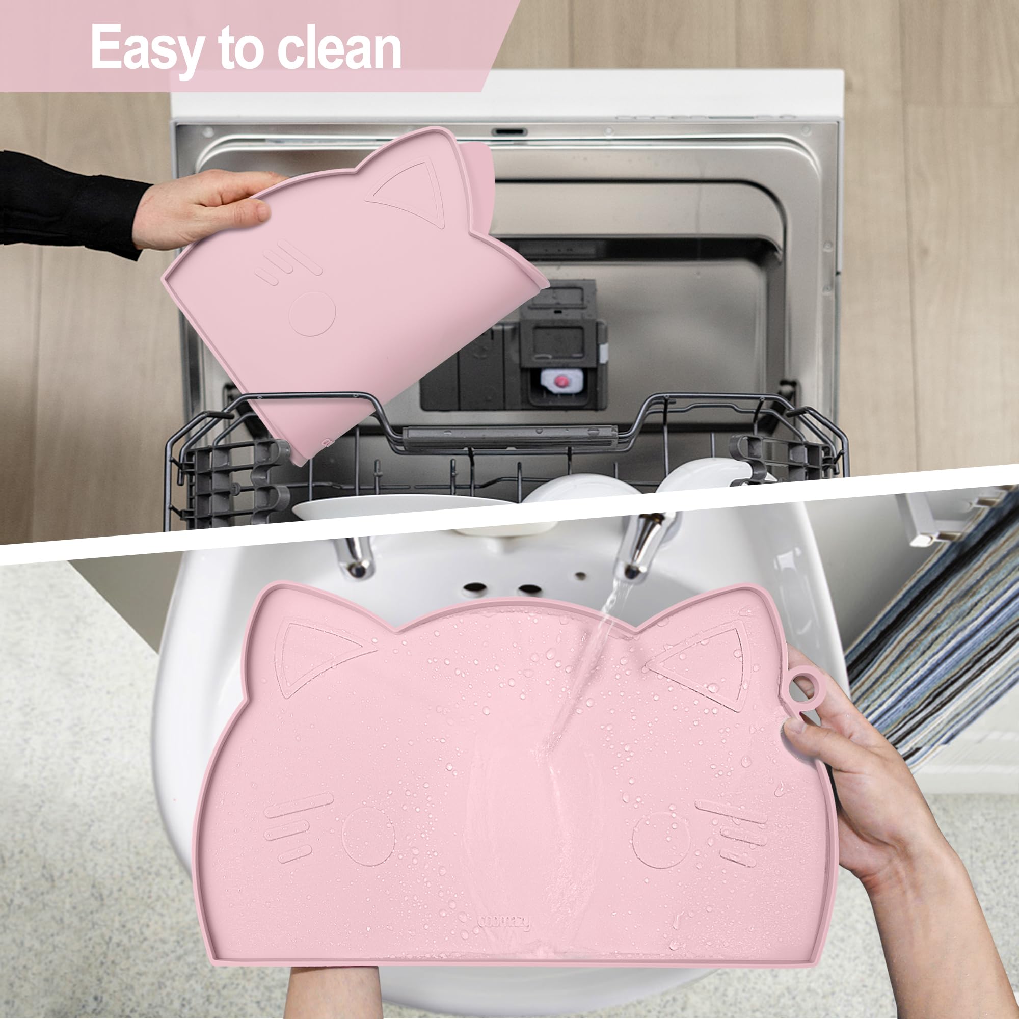 Coomazy cat food-water mat easy-to-clean silicone in pink helps quick wipe-down