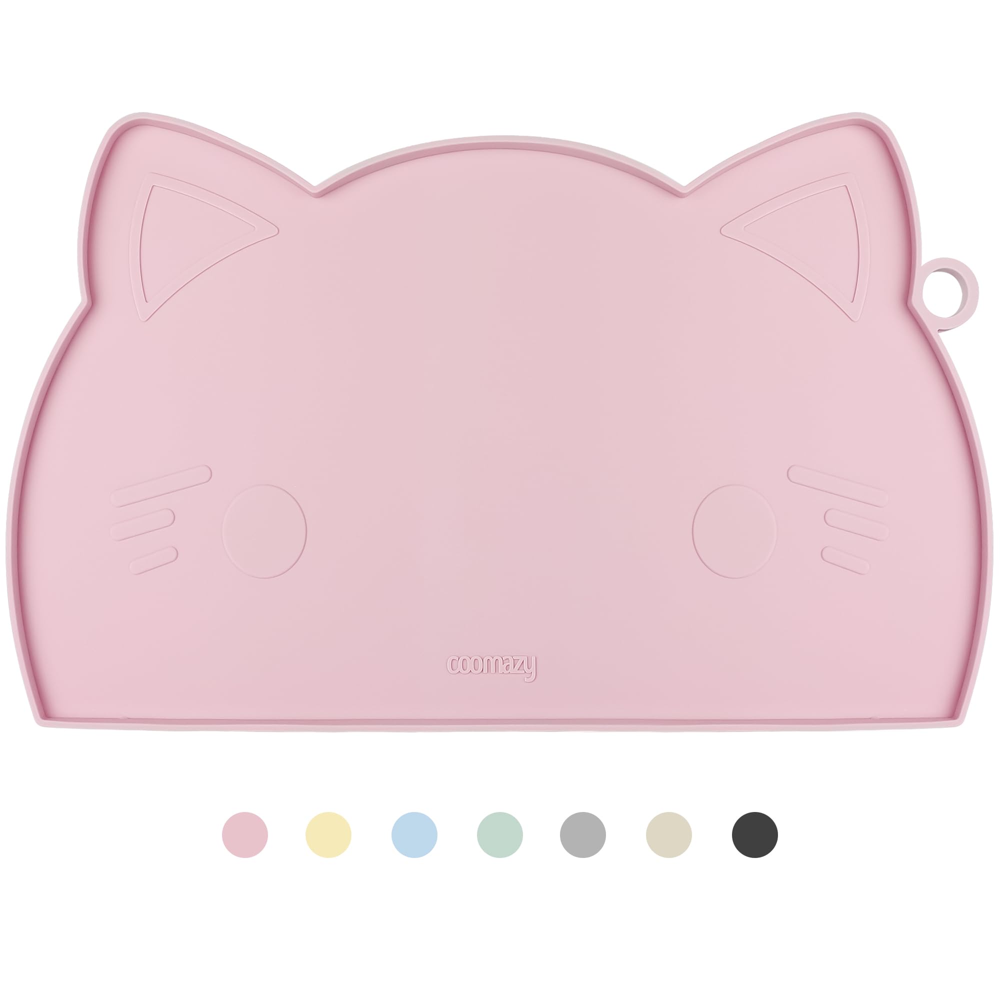 Coomazy cat food and water mat pink close-up highlights thick non-slip silicone for stable meals