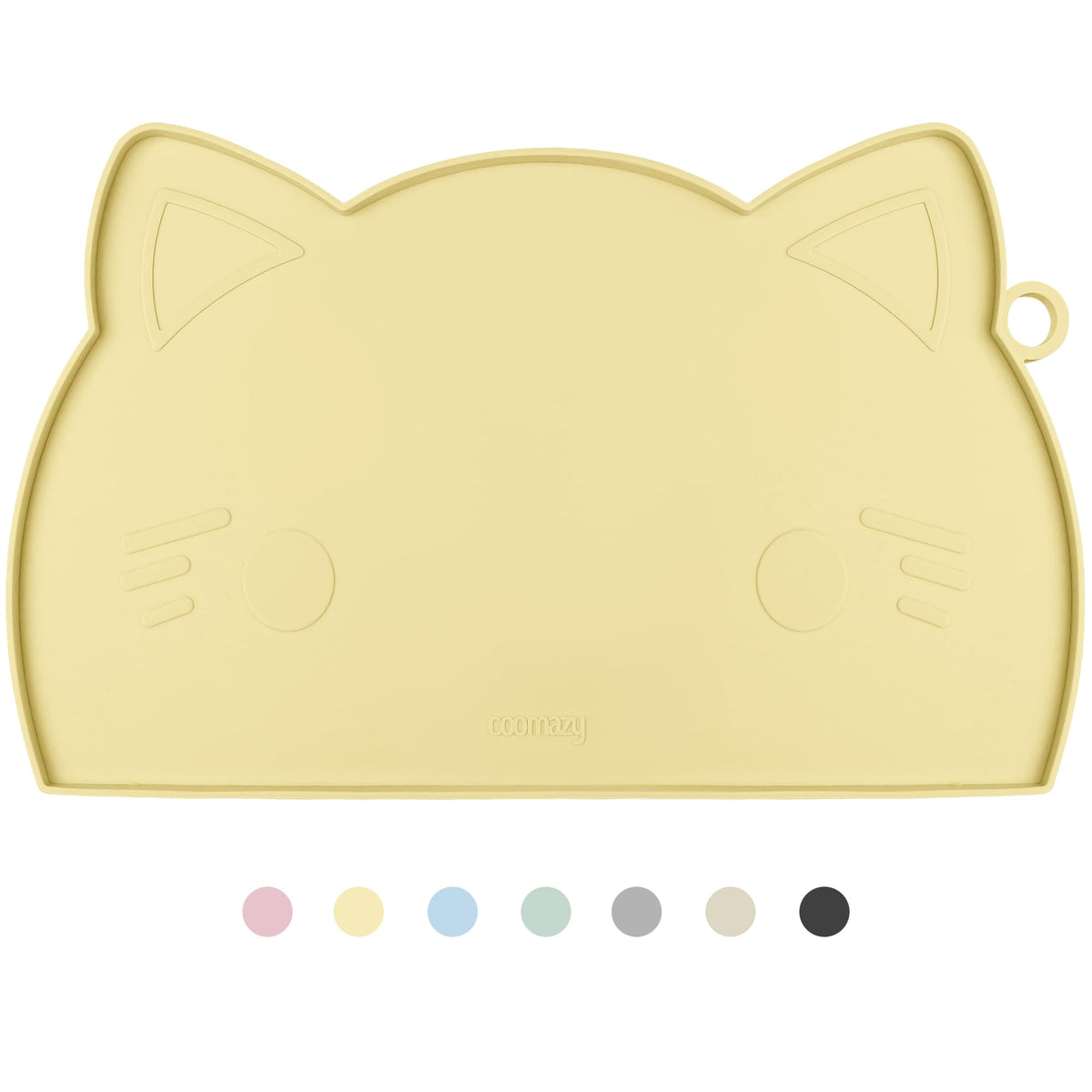 Coomazy food mat front view in yellow demonstrates a clean, spill-free feeding area.