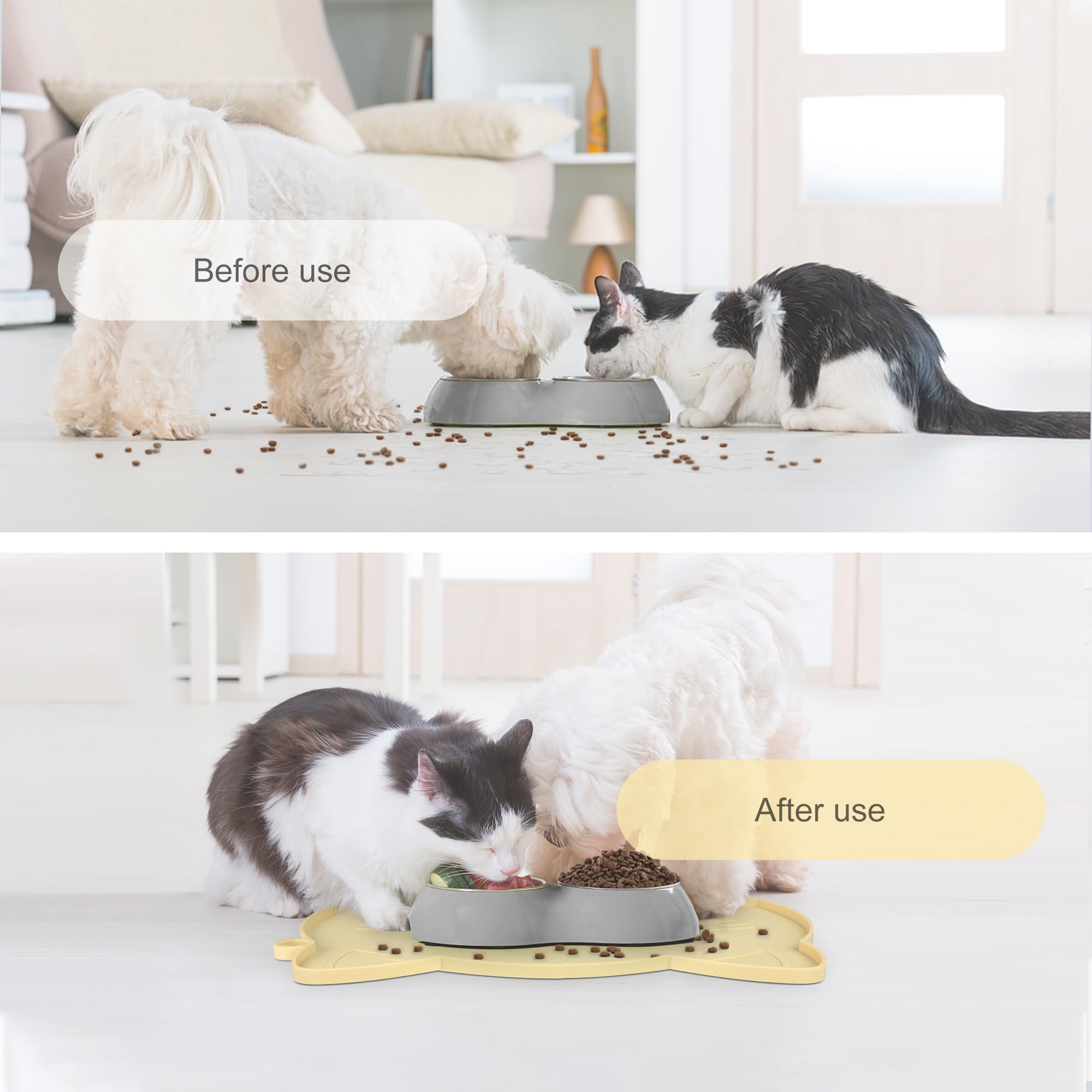 Coomazy food mat waterproof silicone surface protects flooring and makes cleaning easy.