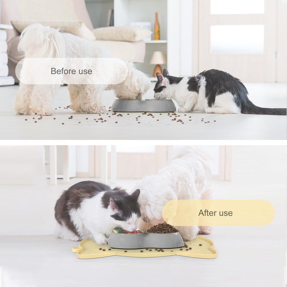 Coomazy food mat waterproof silicone surface protects flooring and makes cleaning easy.