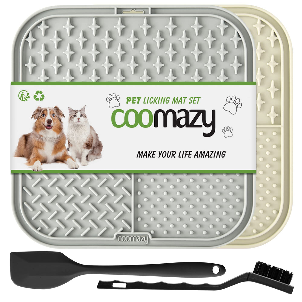 Coomazy lick mat with suction cups on tile to ease dog anxiety during grooming.