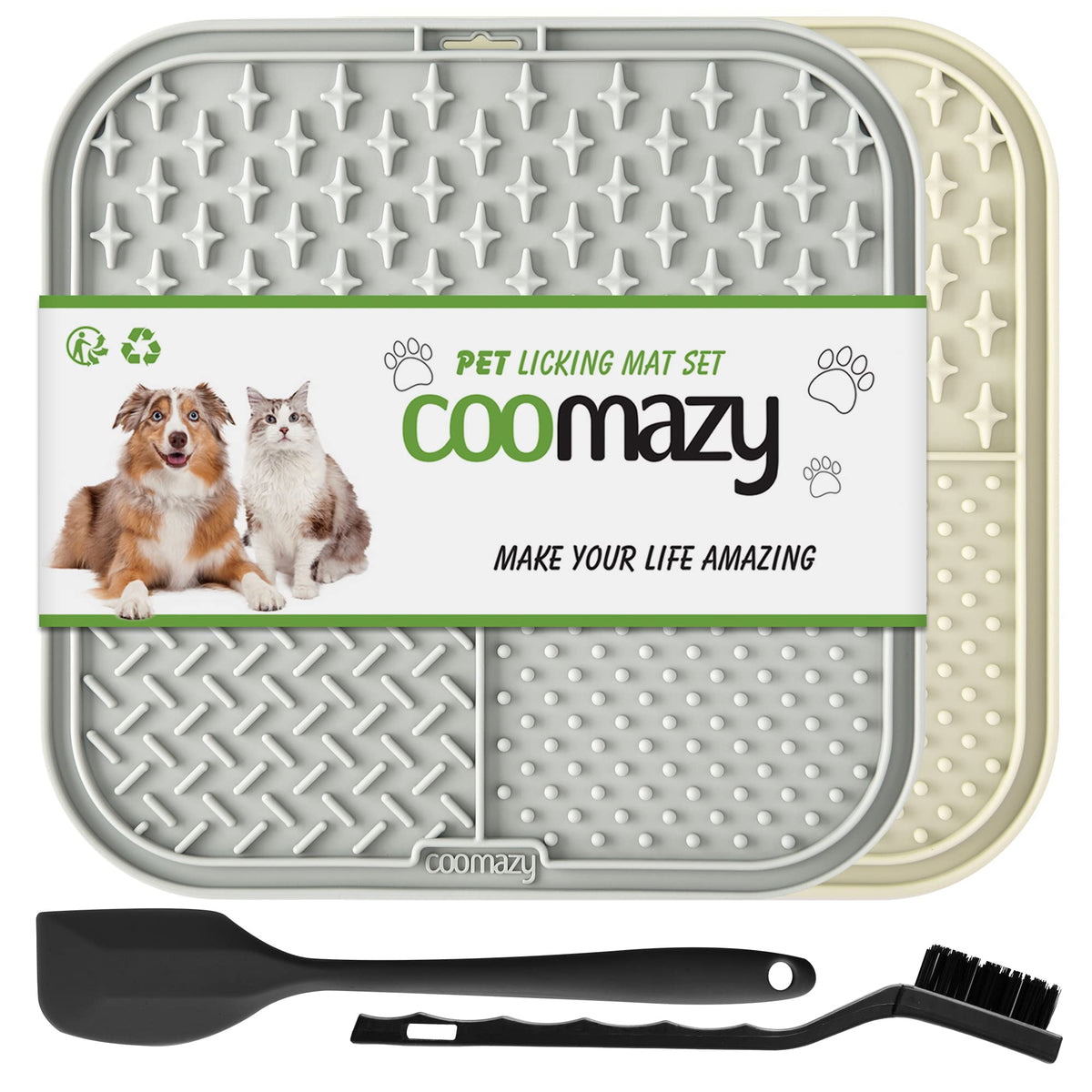 Coomazy lick mat with suction cups on tile to ease dog anxiety during grooming.