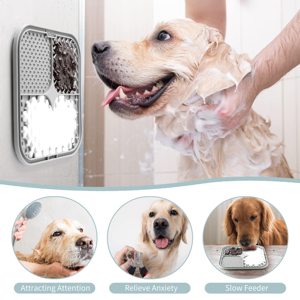 Coomazy lick mat adheres to metal or glass surfaces for bath time.