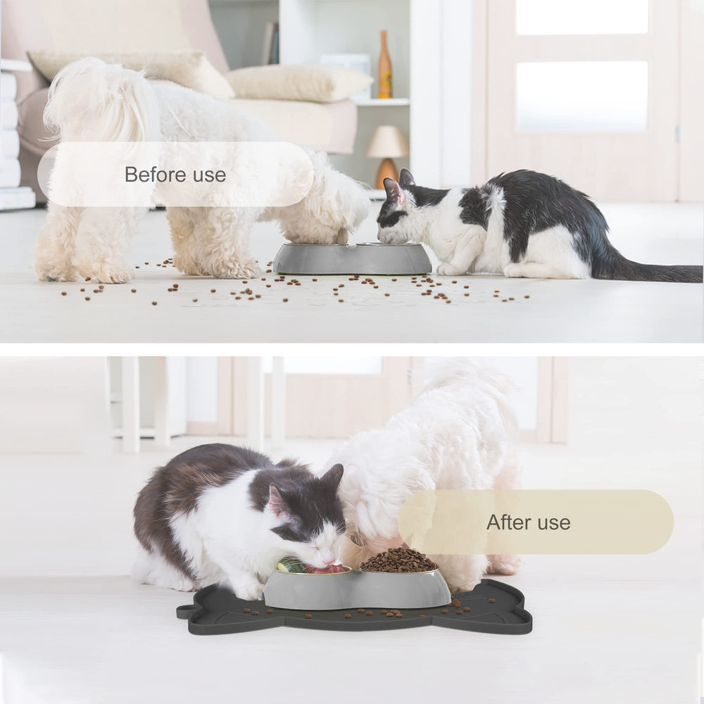 Coomazy mat in use under bowls to protect floor from spills.