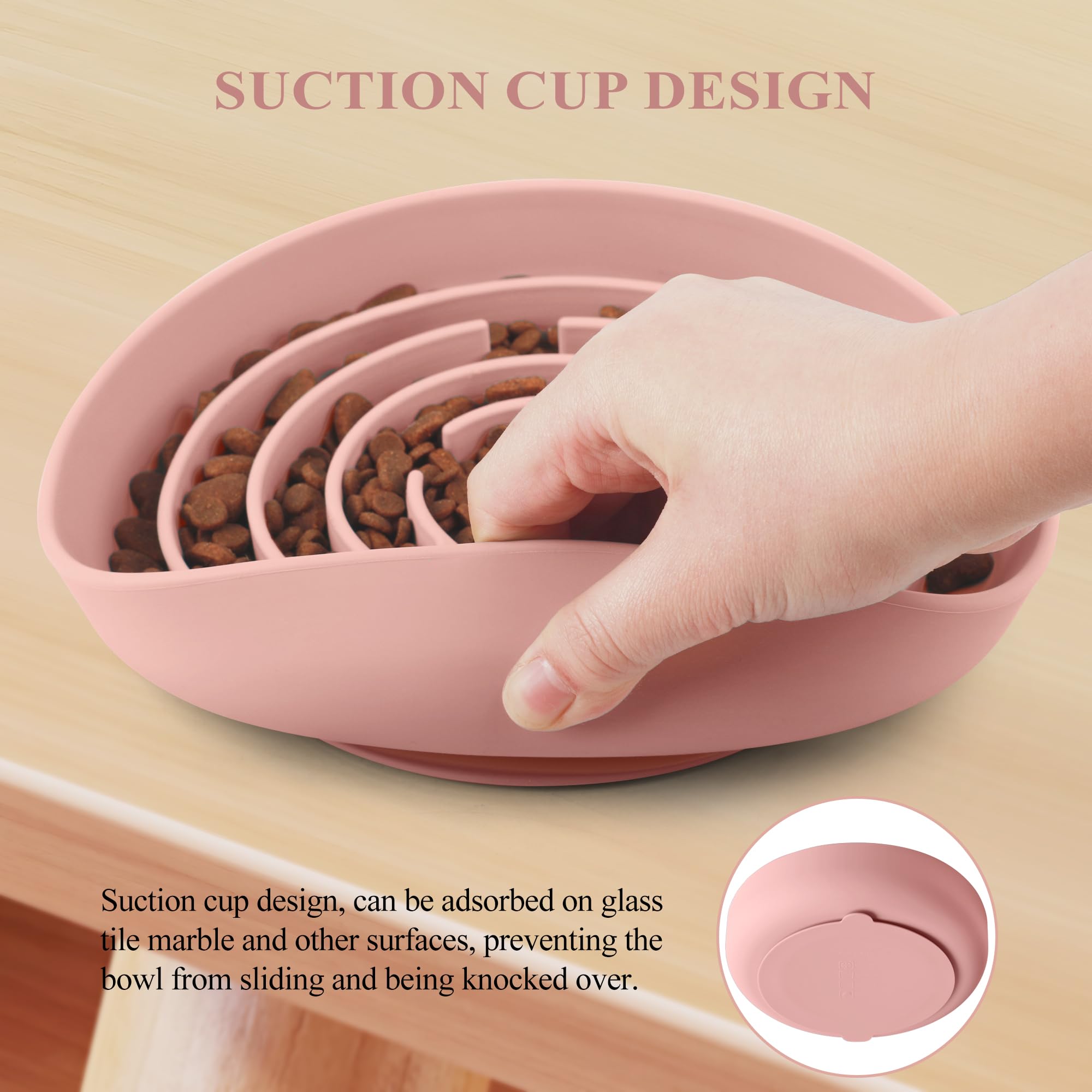 Coomazy pink slow feeder on floor with suction cups prevents spills during feeding