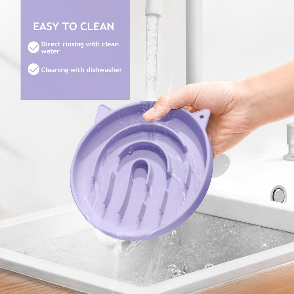 Coomazy purple slow-feeder bowl dishwasher-safe for easy cleaning.