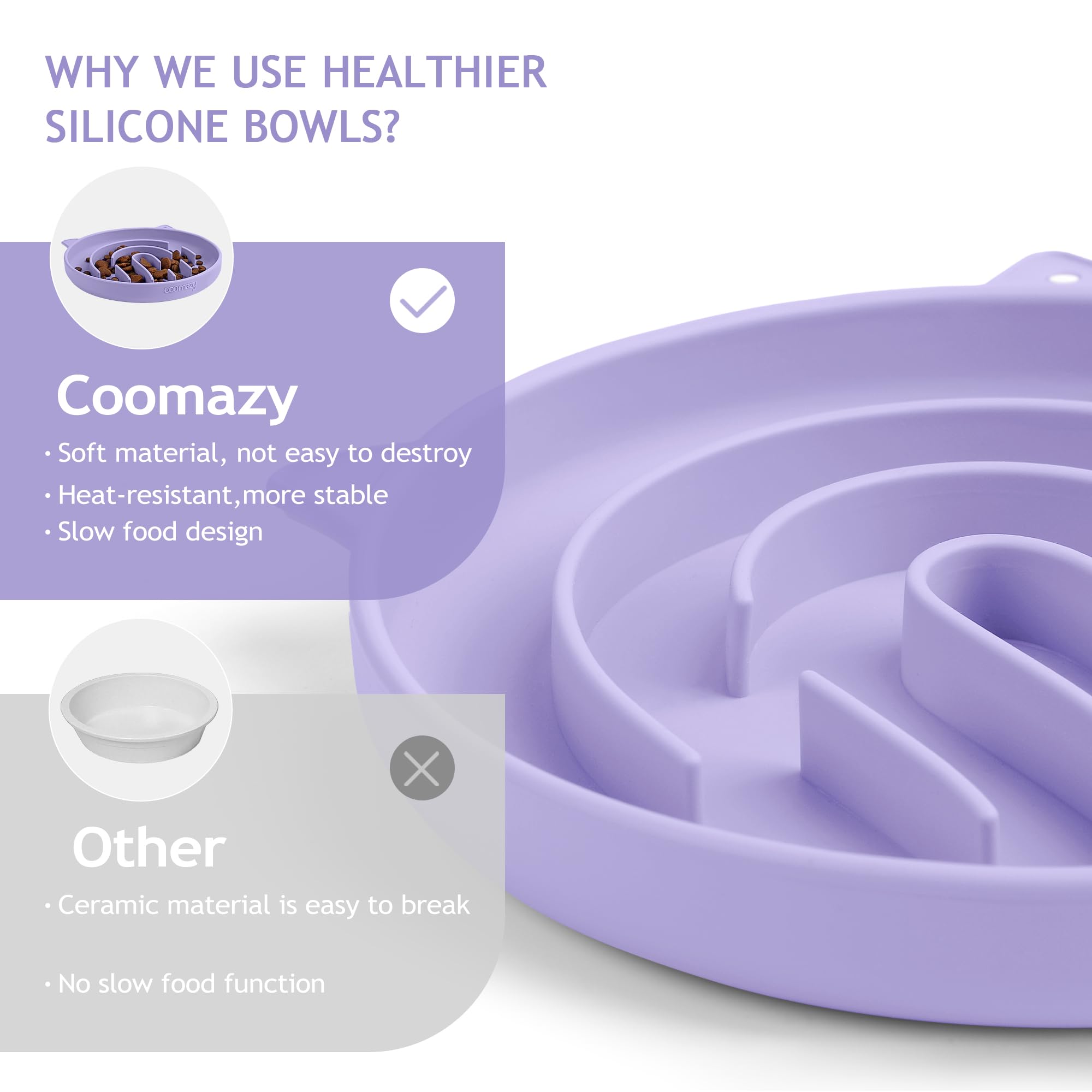 Coomazy slow-feeder bowl purple mealtime use for dogs and cats.