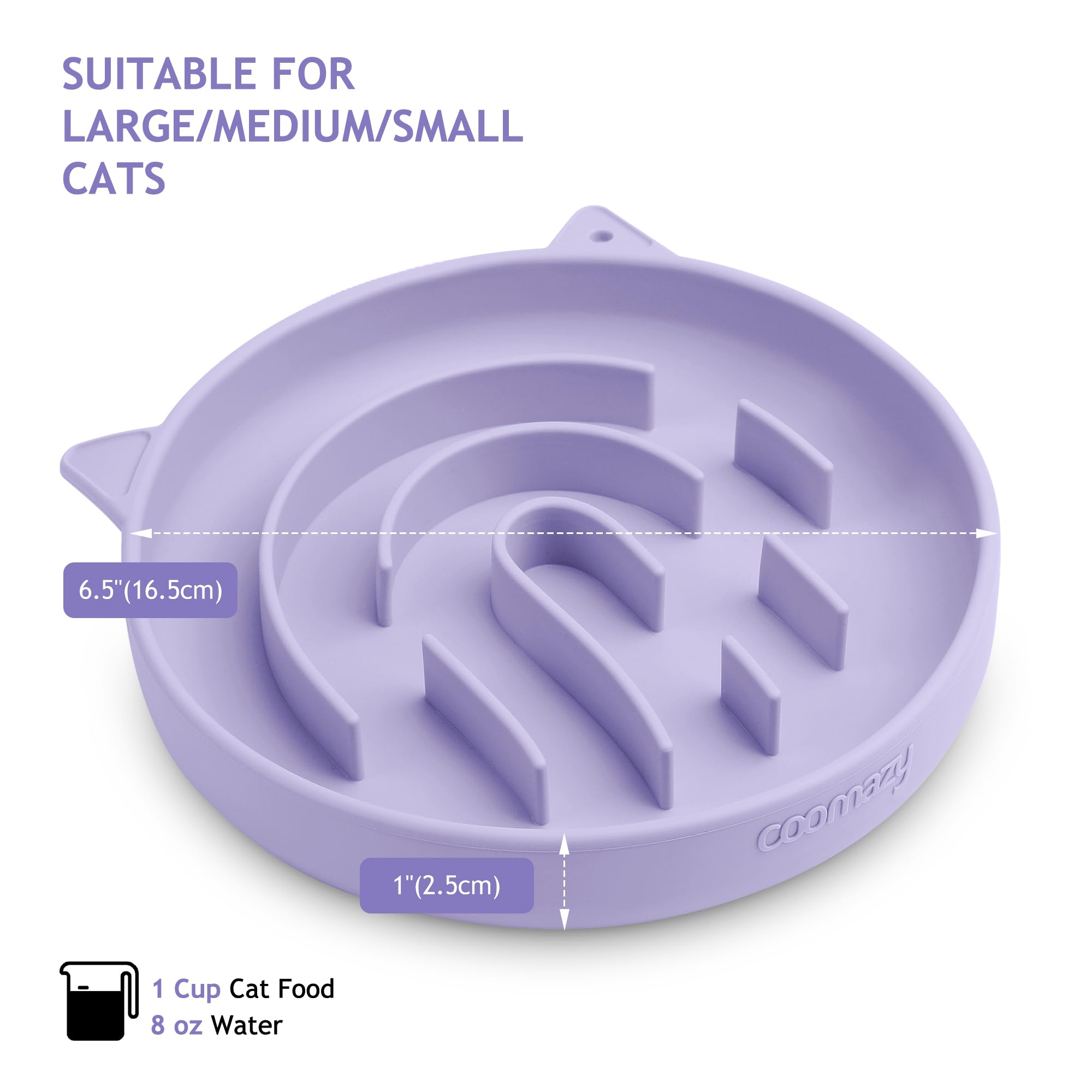 Coomazy slow-feeder cat bowl purple top-down view with fingerprint maze for mental engagement.