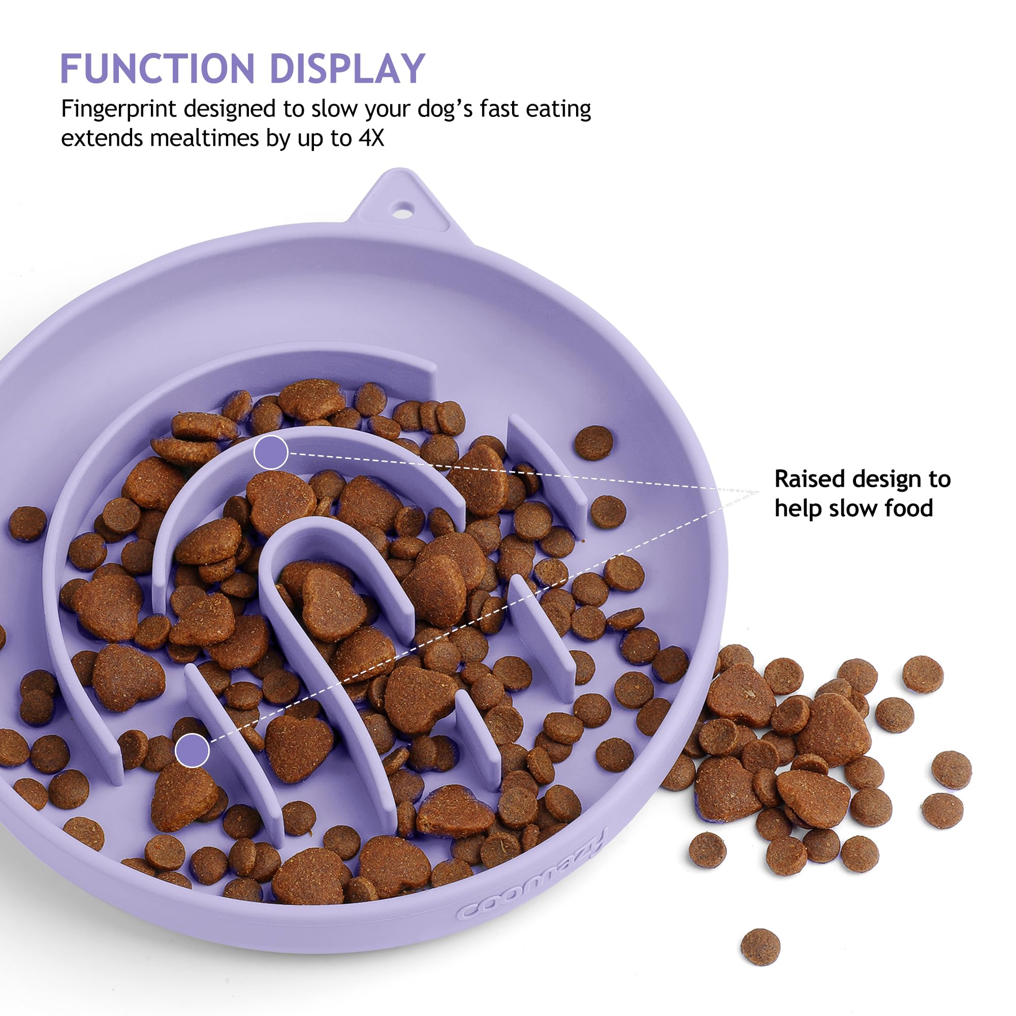 Coomazy slow-feeder dog bowl purple suction-bottom shows stability for active dogs.