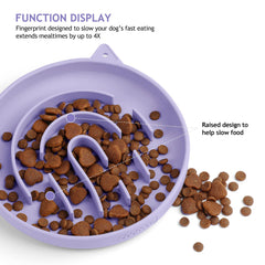 Coomazy slow-feeder dog bowl purple suction-bottom shows stability for active dogs.
