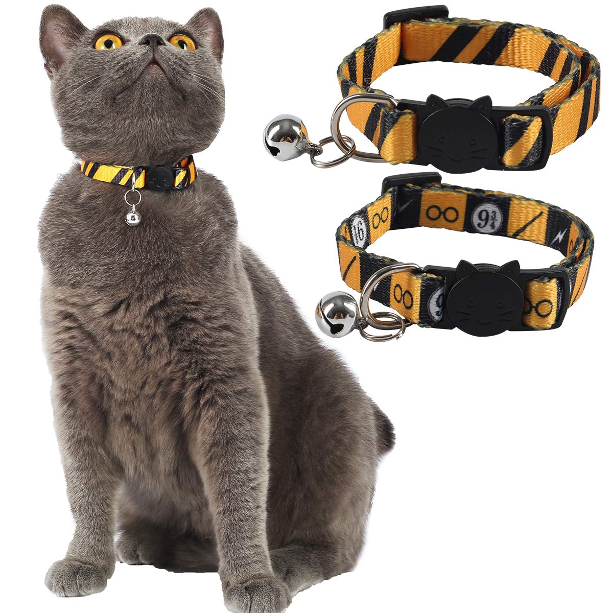 Coomour Halloween cat collar breakaway yellow front view enhances safety during photos.