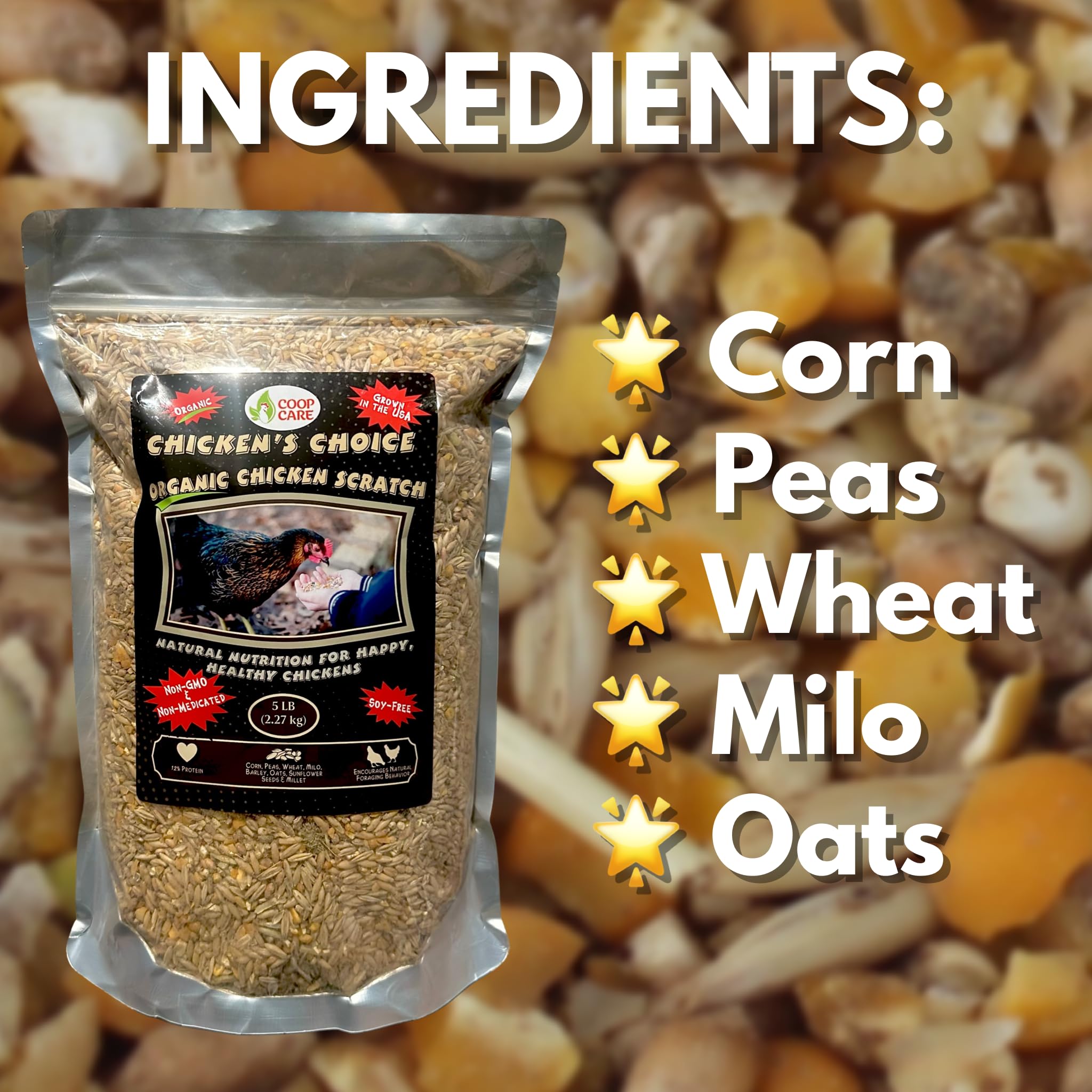 Grain mix in a bowl for Coop Care Chicken Scratch ready to feed