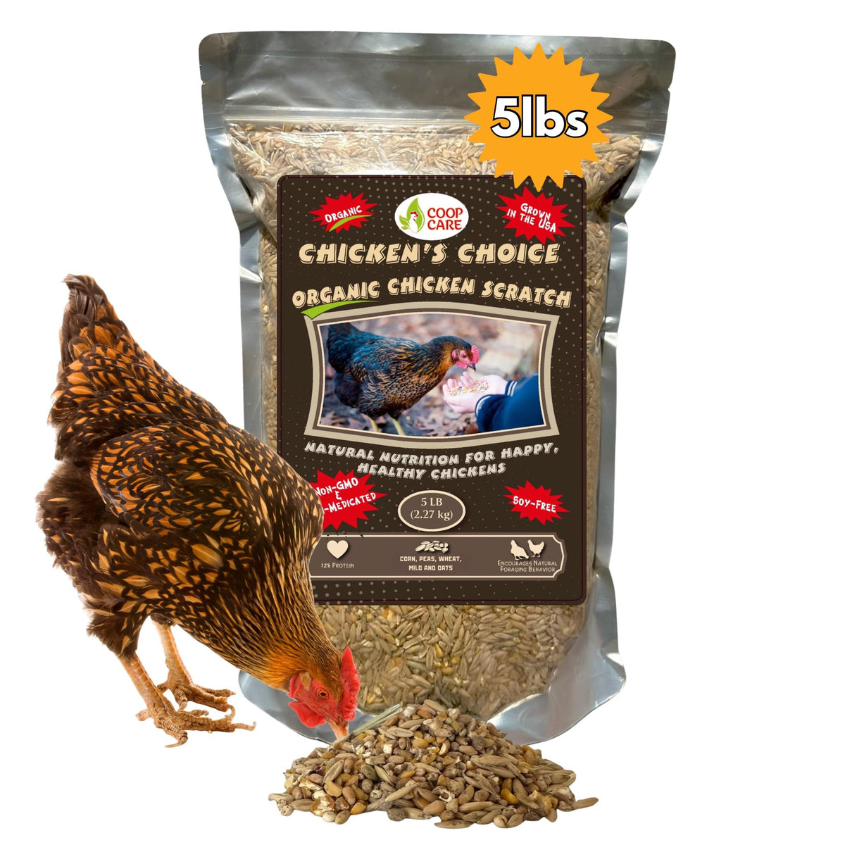 Coop Care Chicken’s Choice Organic Chicken Scratch bag shown as a premium organic poultry treat for enrichment