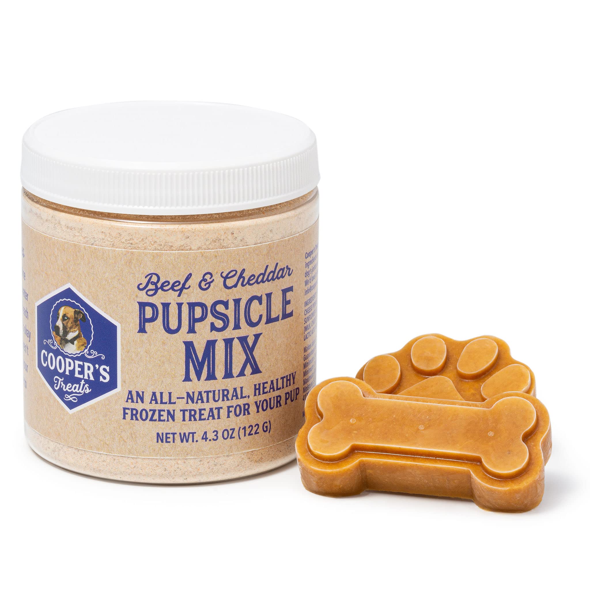 Cooper's Treats Pupsicle Mix beef cheddar jar shows protein-rich dog treats.