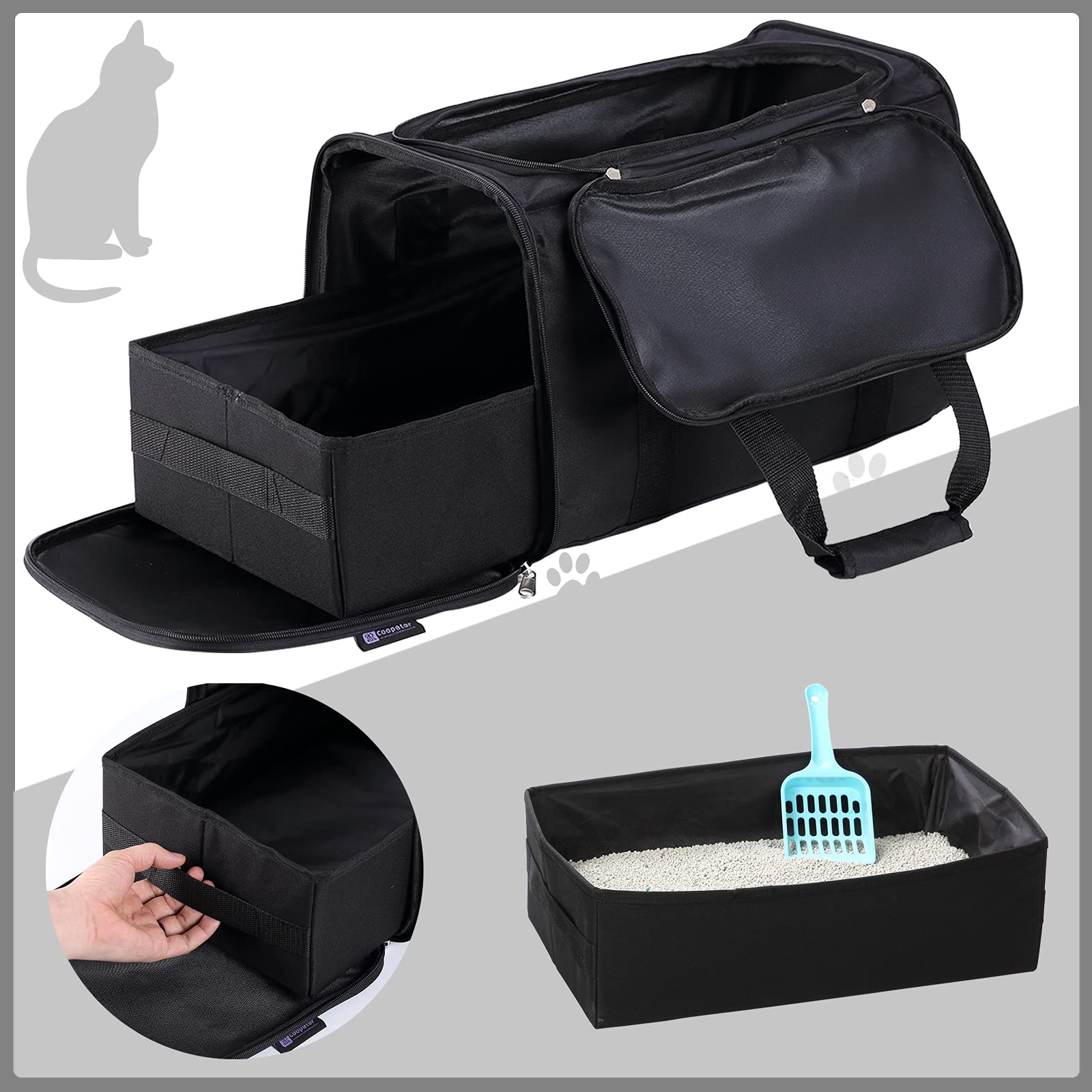 Coopeter portable cat litter box black side entrance enables quick on-road access.