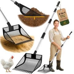 CoopMate 2-in-1 poop scooper angled basket enables flush-ground cleaning for quick coop waste pickup.