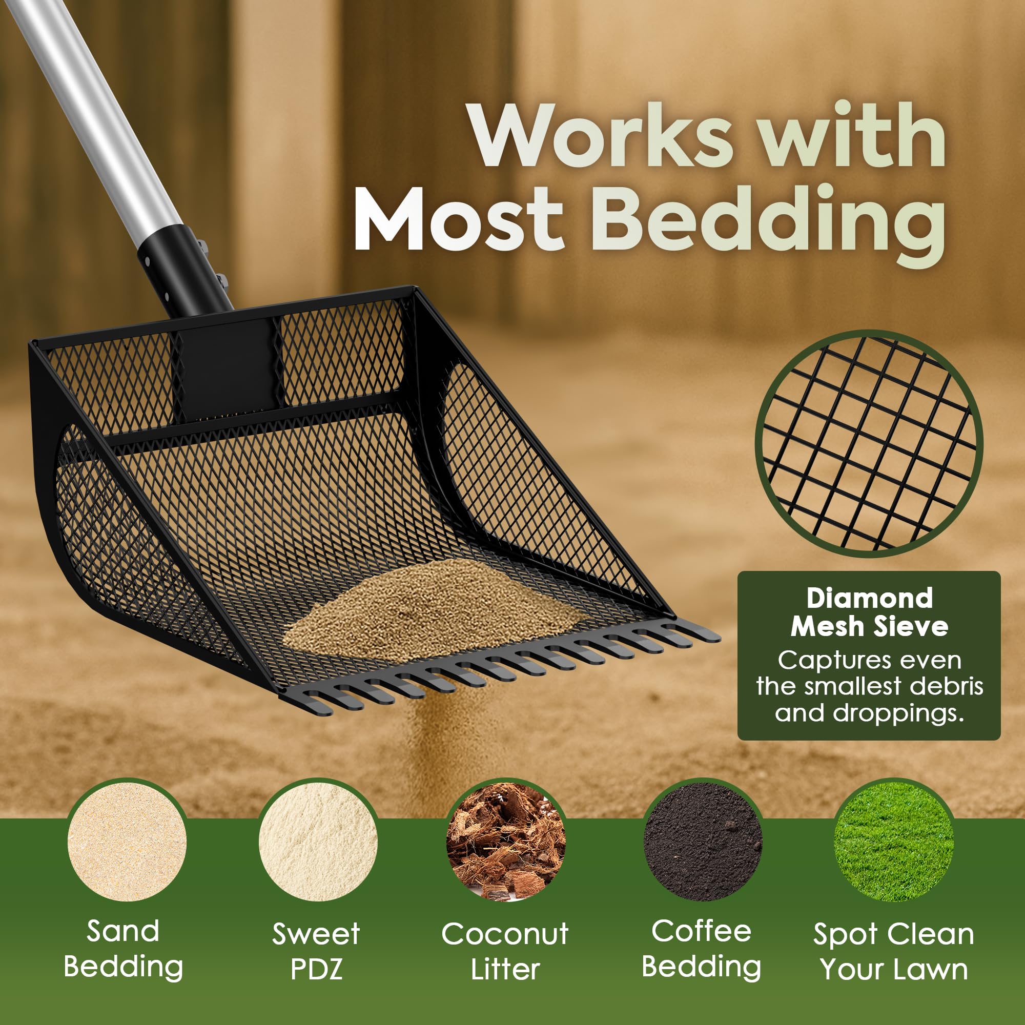 CoopMate flush-ground scoop design improves visibility and efficiency on bedding.