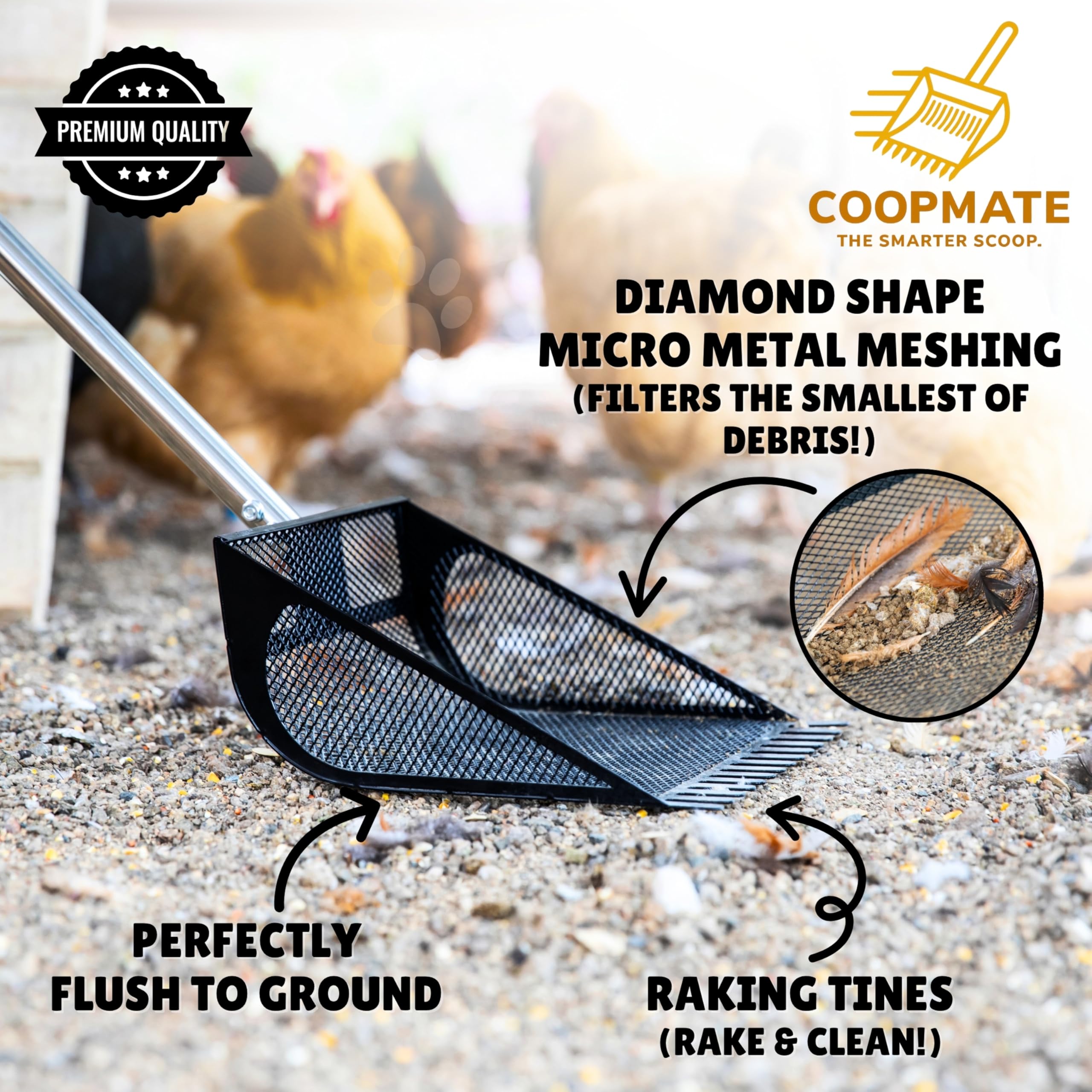 CoopMate integrated rake tines gather debris and level bedding in one tool.