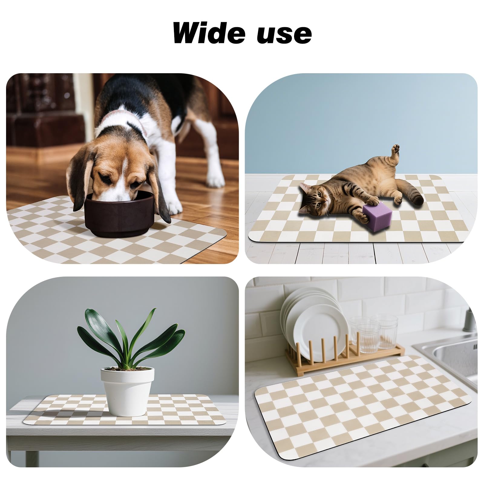 CooRug khaki checkered mat blends with home decor while hiding minor stains