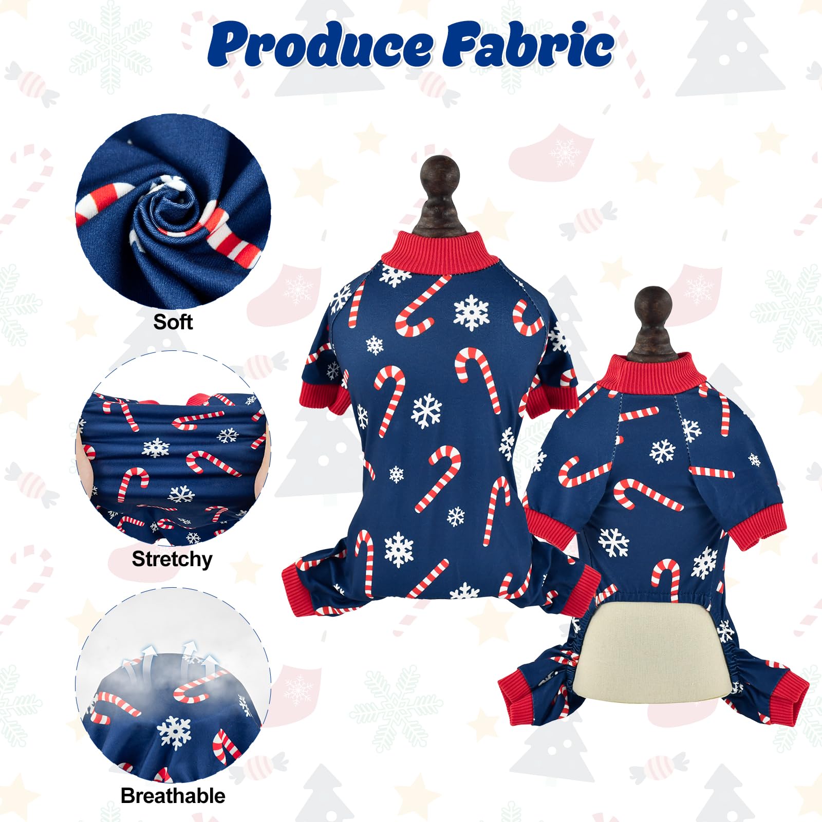 CooShou Christmas dog pajama pattern detail in bright holiday colors.