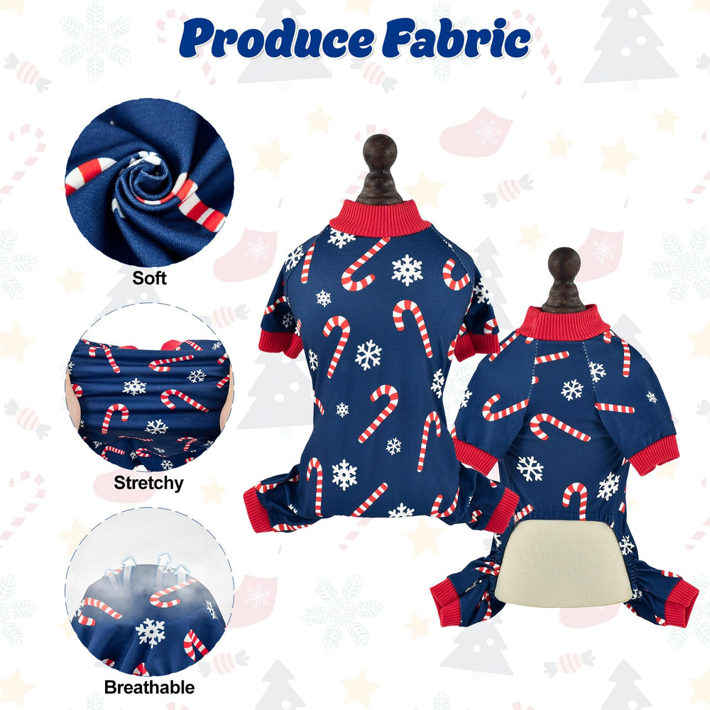 CooShou Christmas dog pajama pattern detail in bright holiday colors.