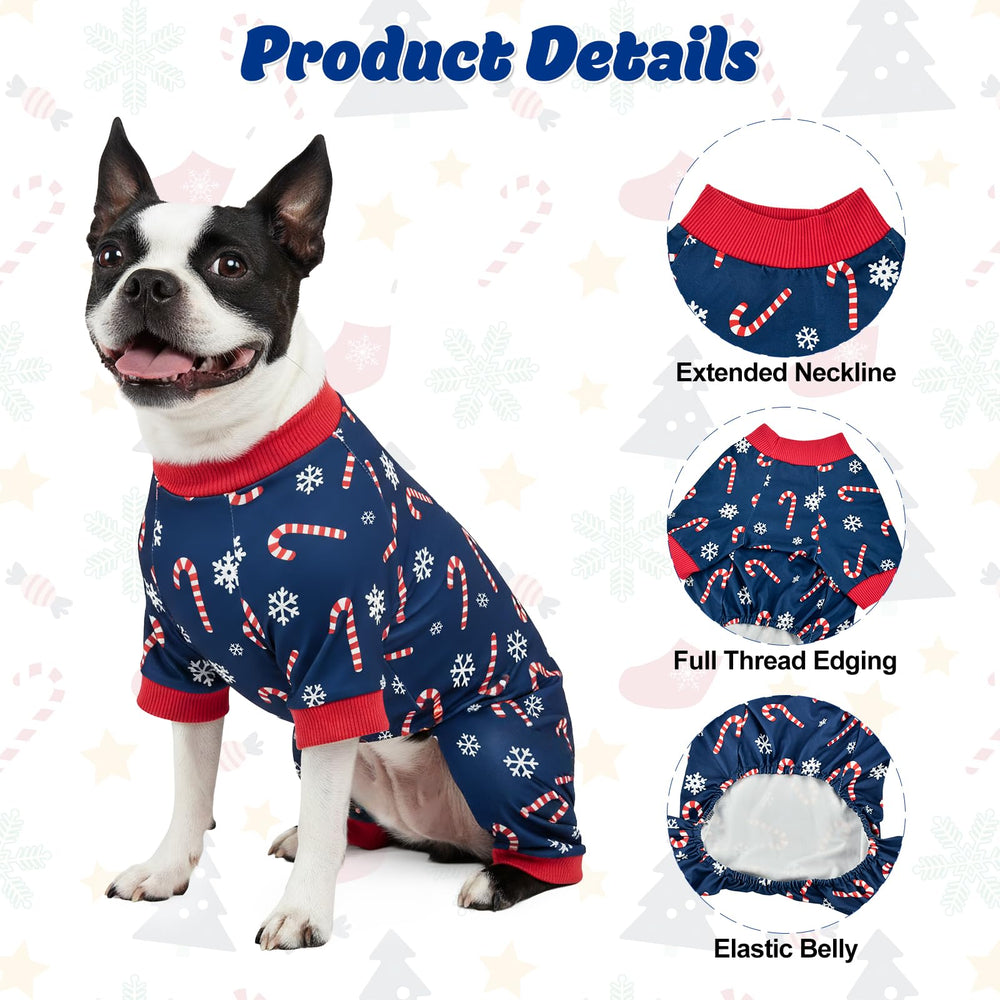 CooShou Christmas dog pajama worn by dog for easy on/off and warmth.