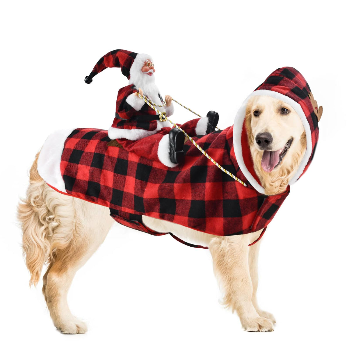 CooShou Santa dog costume front view for festive photos and warm winter wear.