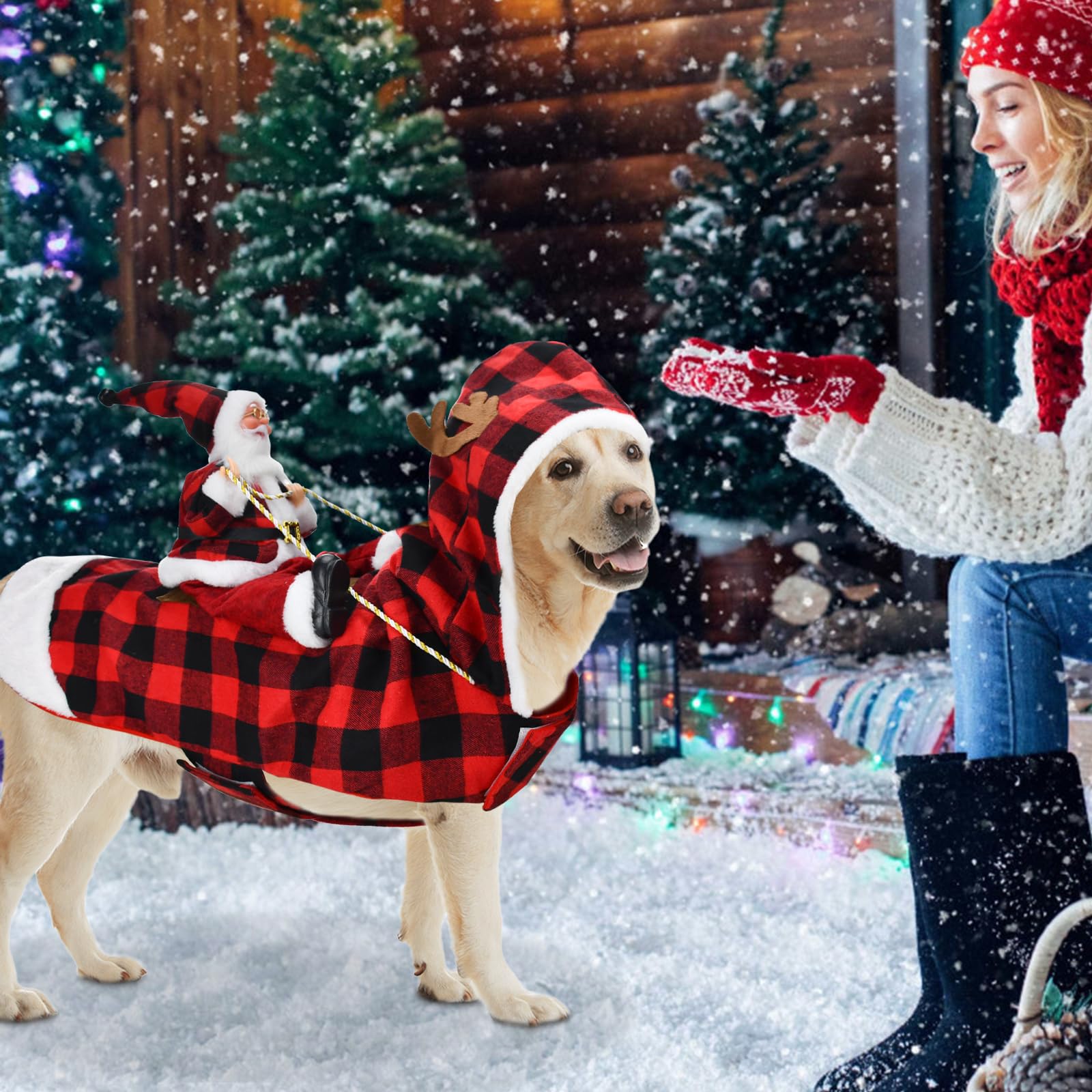 CooShou Santa dog costume side view highlighting adjustable Velcro fit.