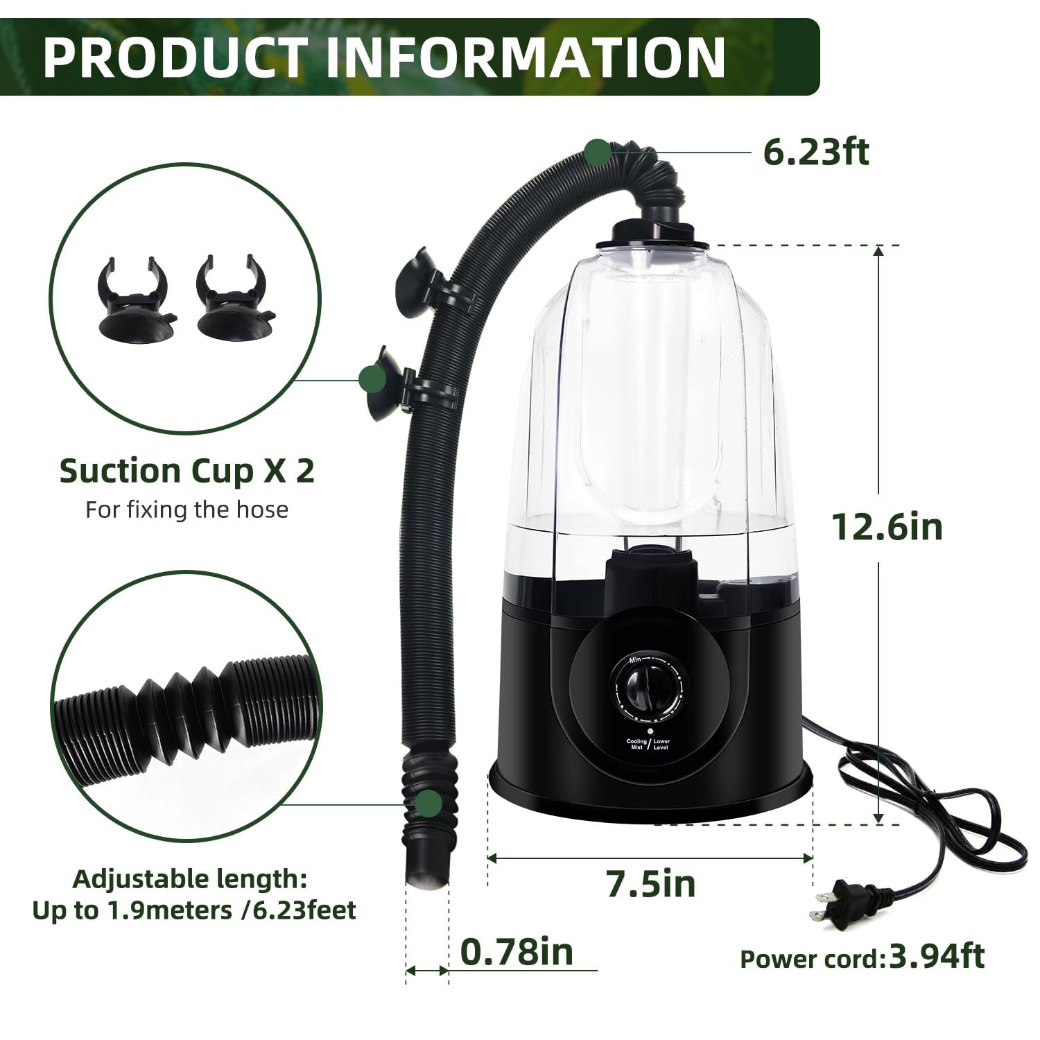 COOSPIDER fine mist ultrasonic humidifier for even terrarium coverage.