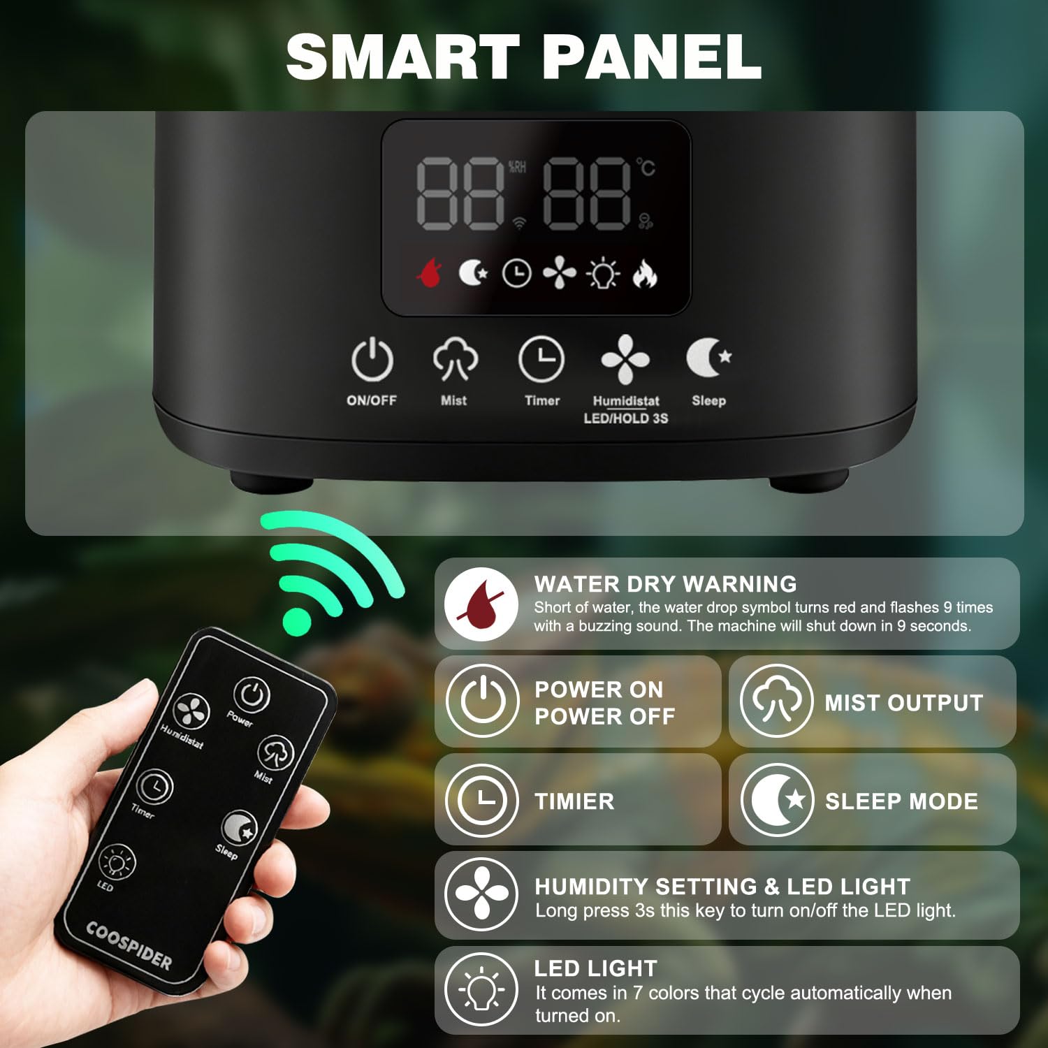 COOSPIDER timer humidity settings shows automated climate control for herps