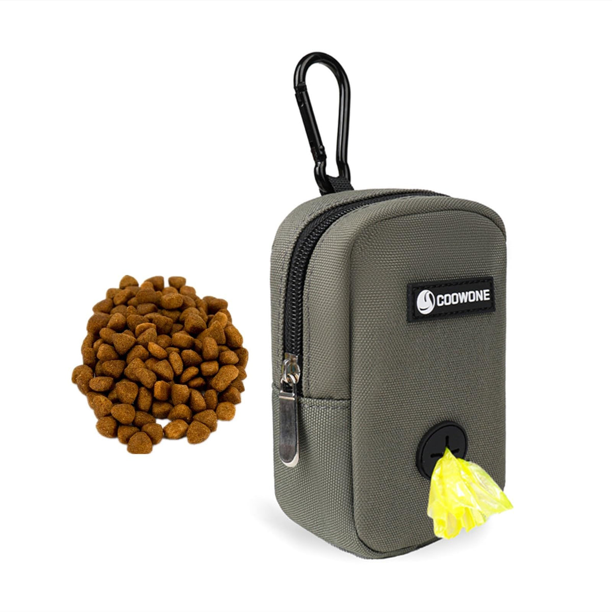 COOWONE dog treat pouch clipped to a leash offering hands-free training rewards.