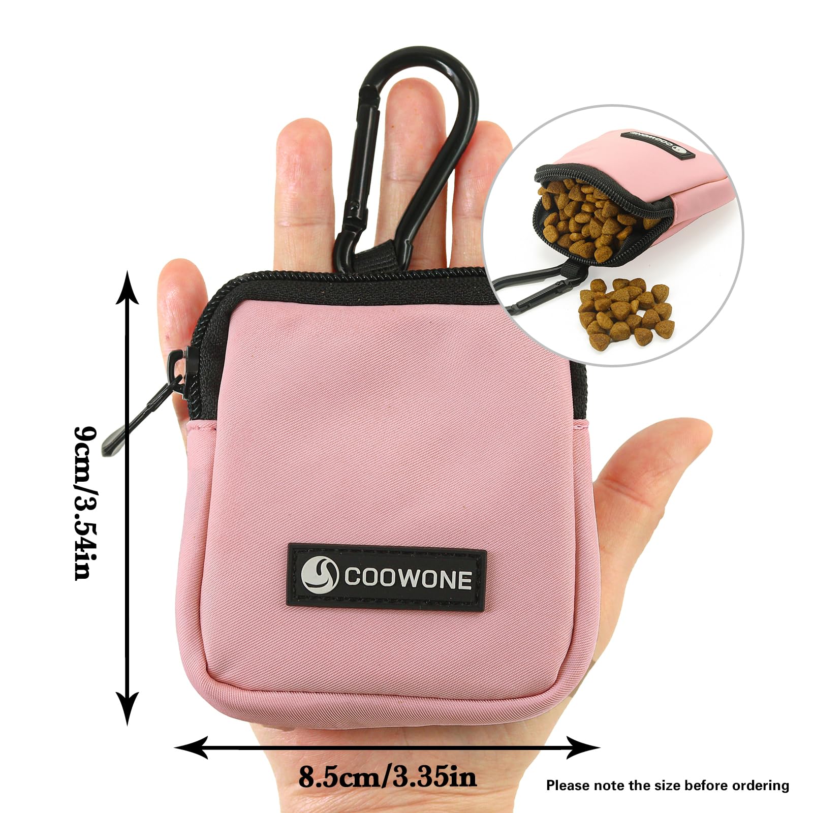 COOWONE dog treat pouch reinforced durability with six-stitch carabiner connection.