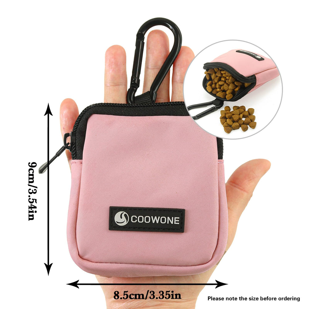 COOWONE dog treat pouch reinforced durability with six-stitch carabiner connection.