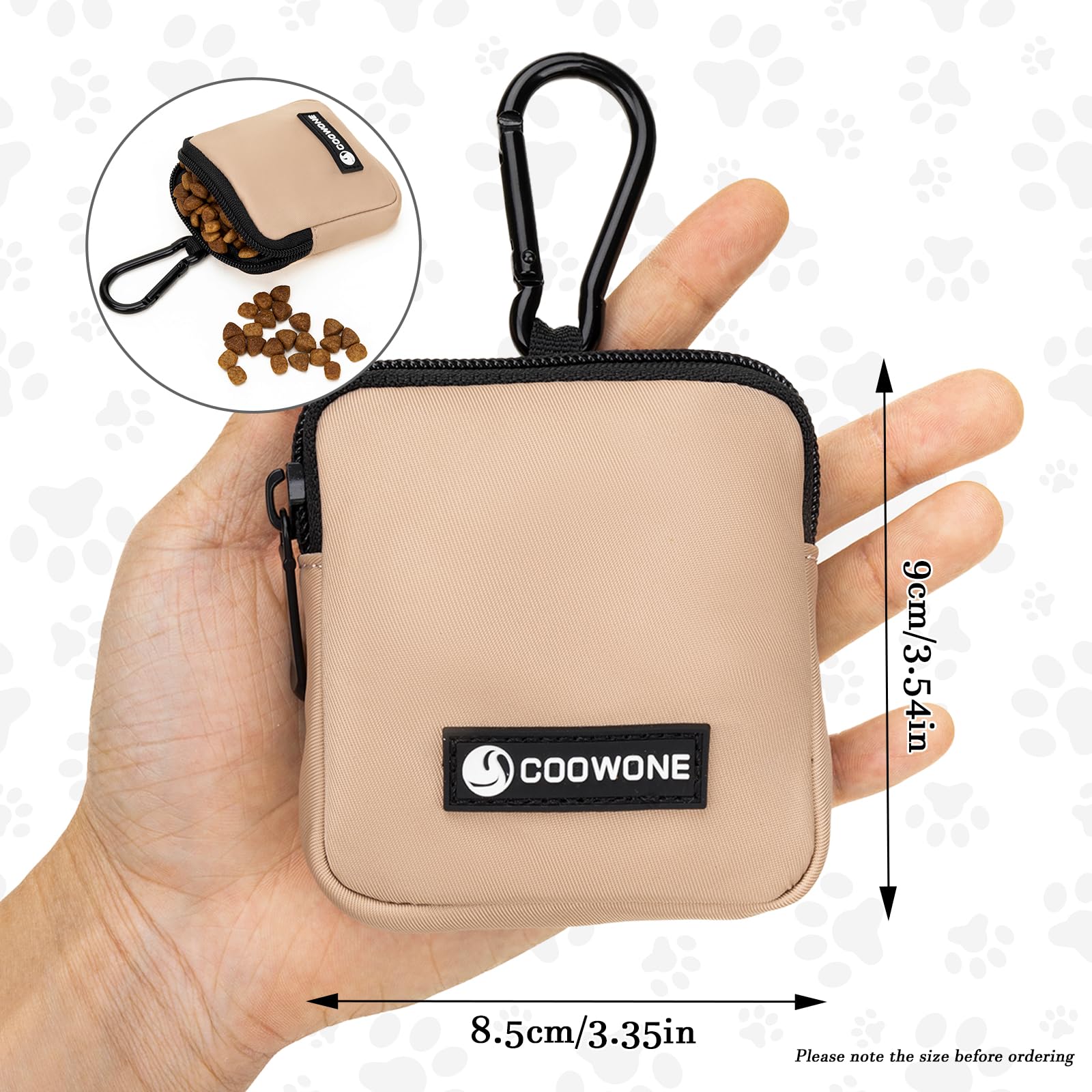 COOWONE dog treat pouch waterproof fabric keeps treats dry on rainy walks.