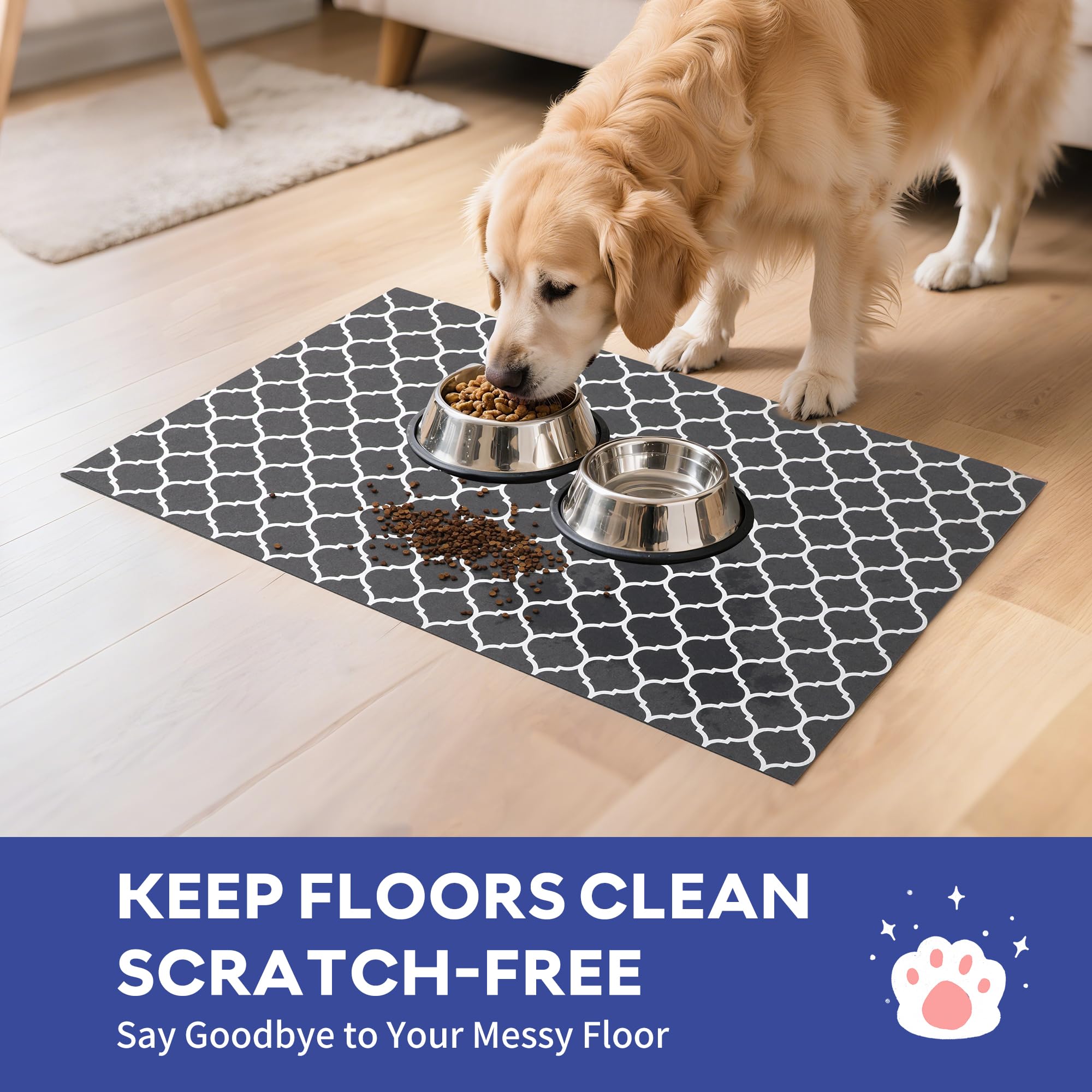 Cooyes large dog food mat 17.5x36 khaki pattern protects floors in busy homes.